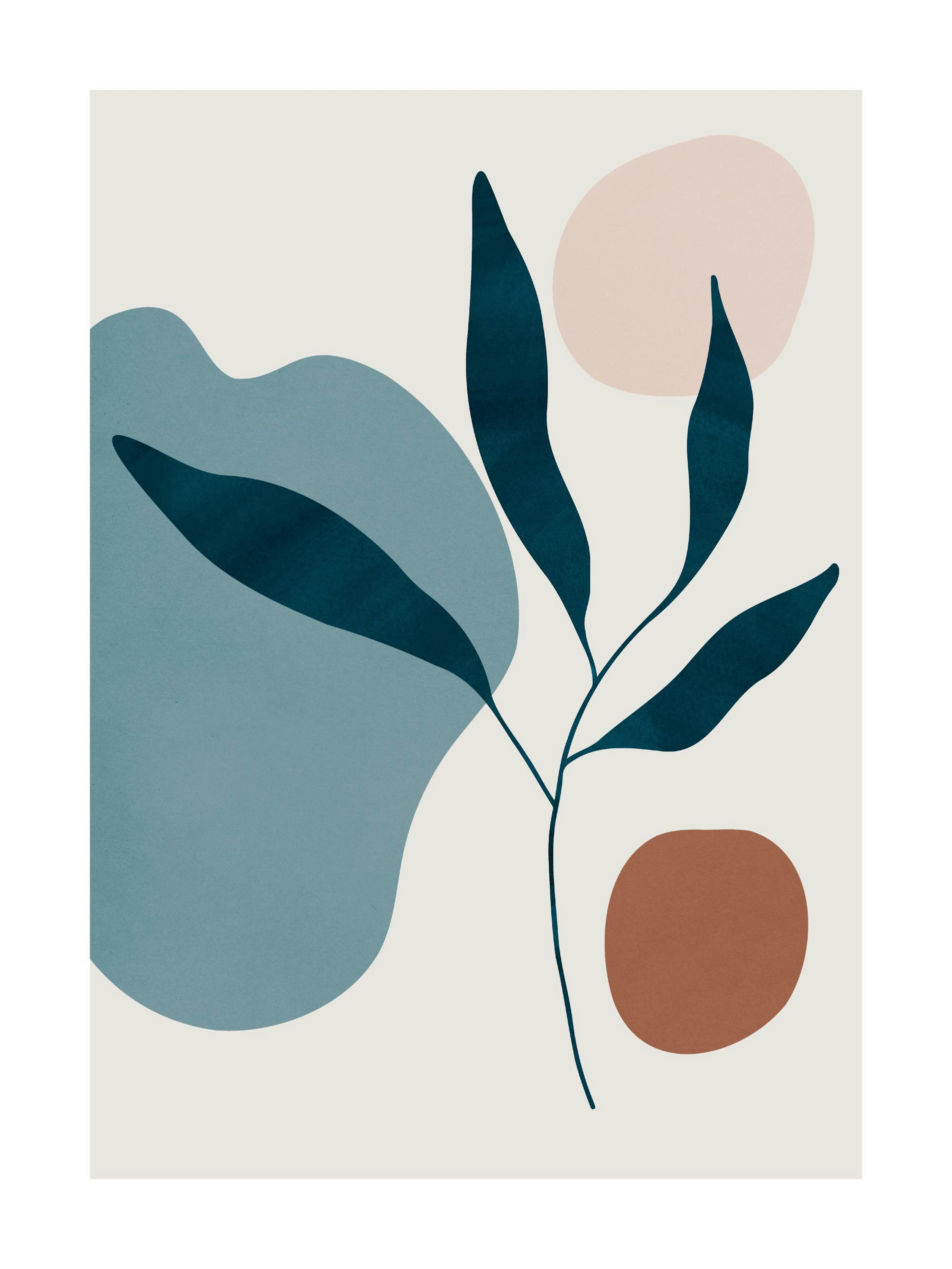 A poster featuring a teal plant branch with leaves, and abstract shapes in light blue, peach, and brown on a white background.