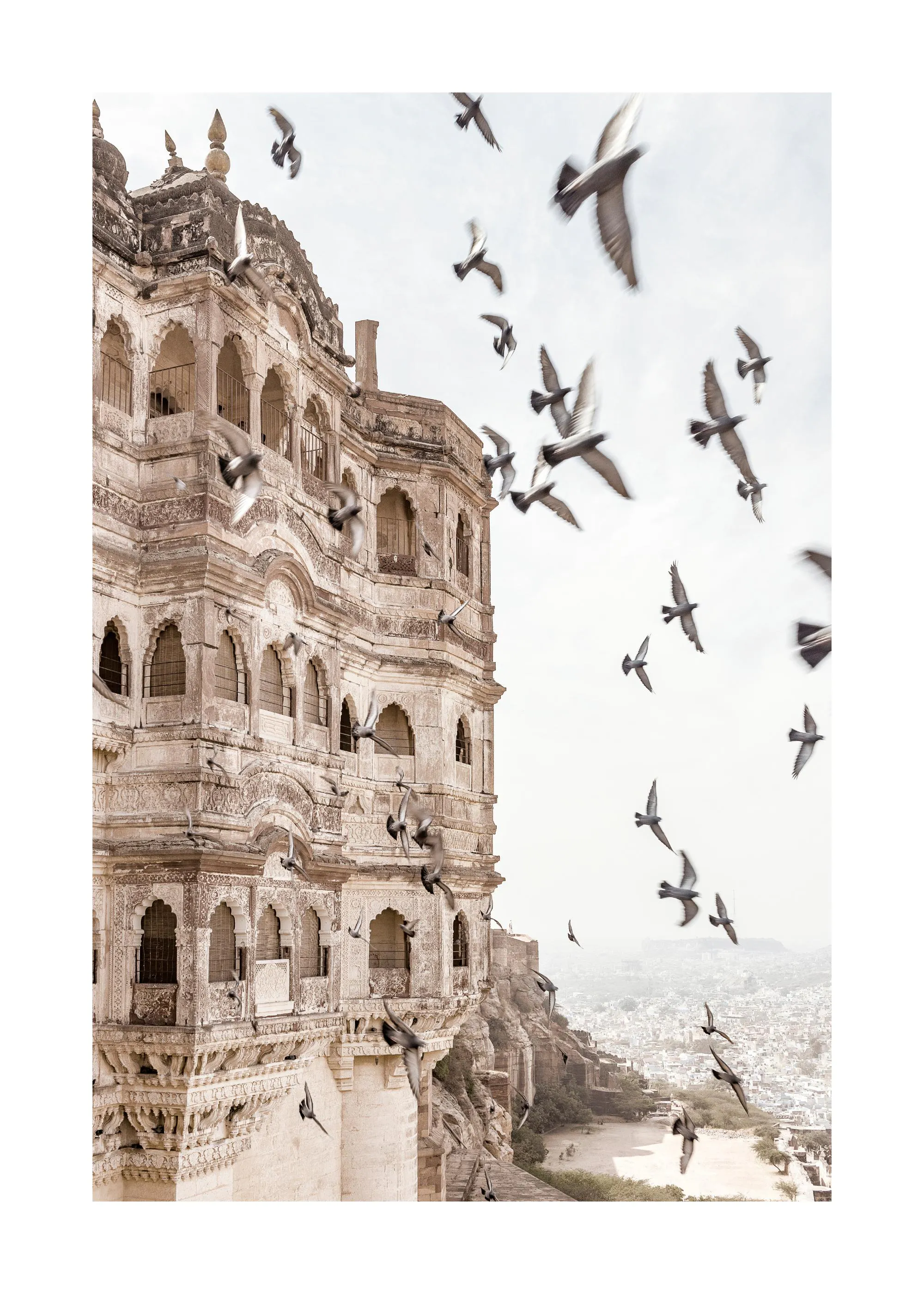 Póster de un antiguo edificio de piedra con palomas volando sobre un paisaje urbano brumoso.