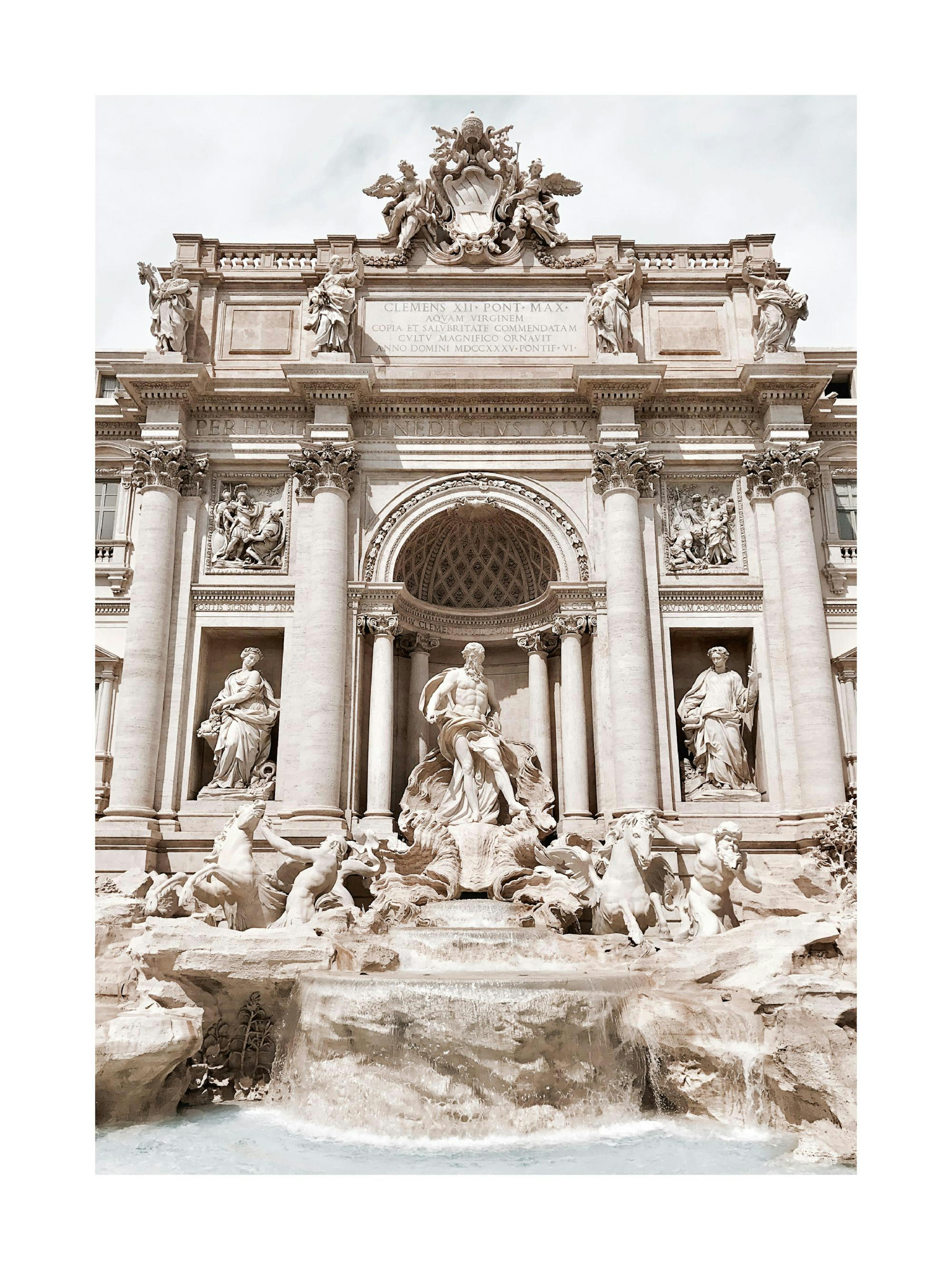 A poster featuring the Trevi Fountain in Rome with ornate sculptures, columns, and flowing water.