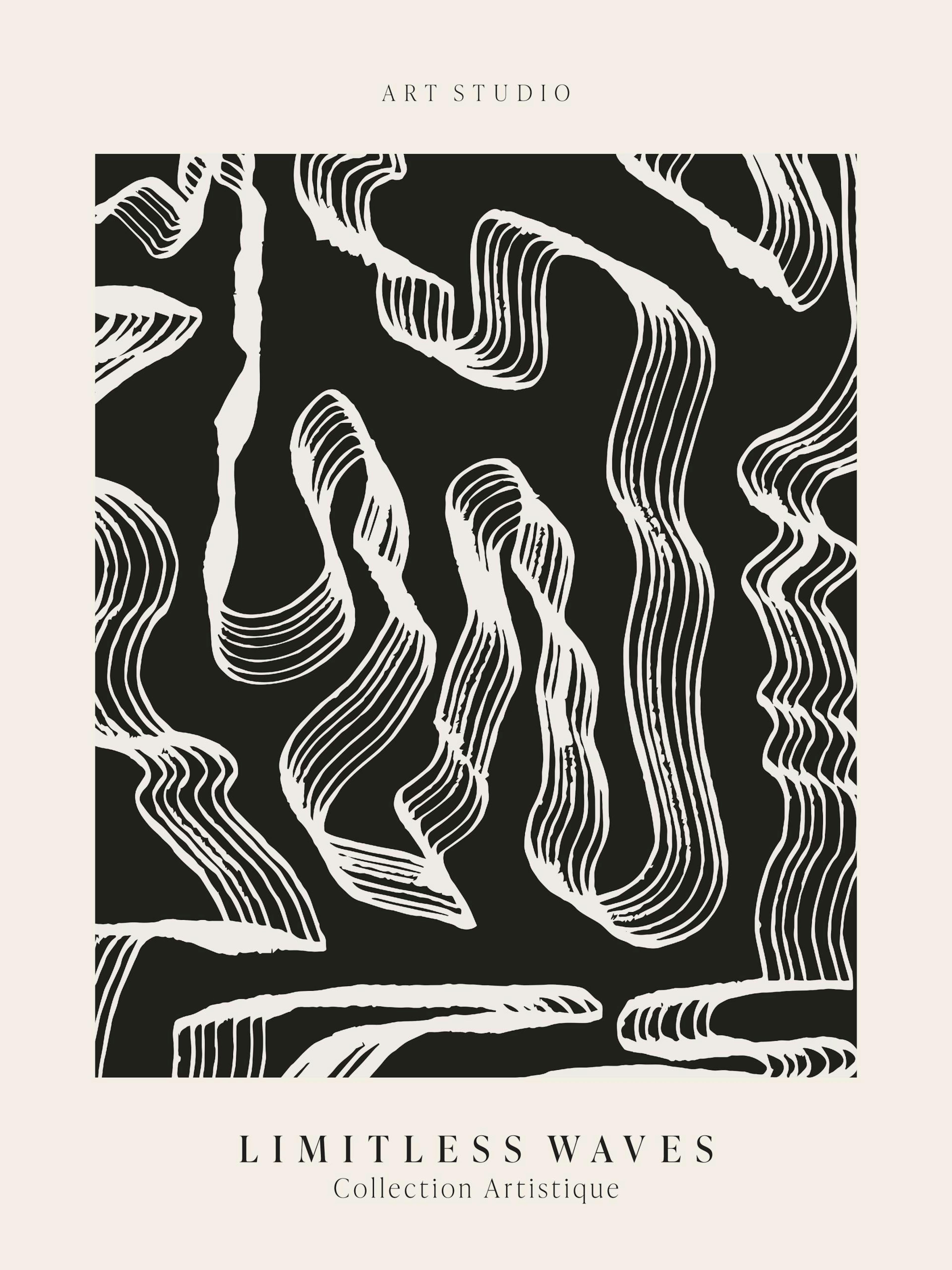 Černobílý plakát s abstraktními, organickými tvary připomínajícími vlny a pruhy.