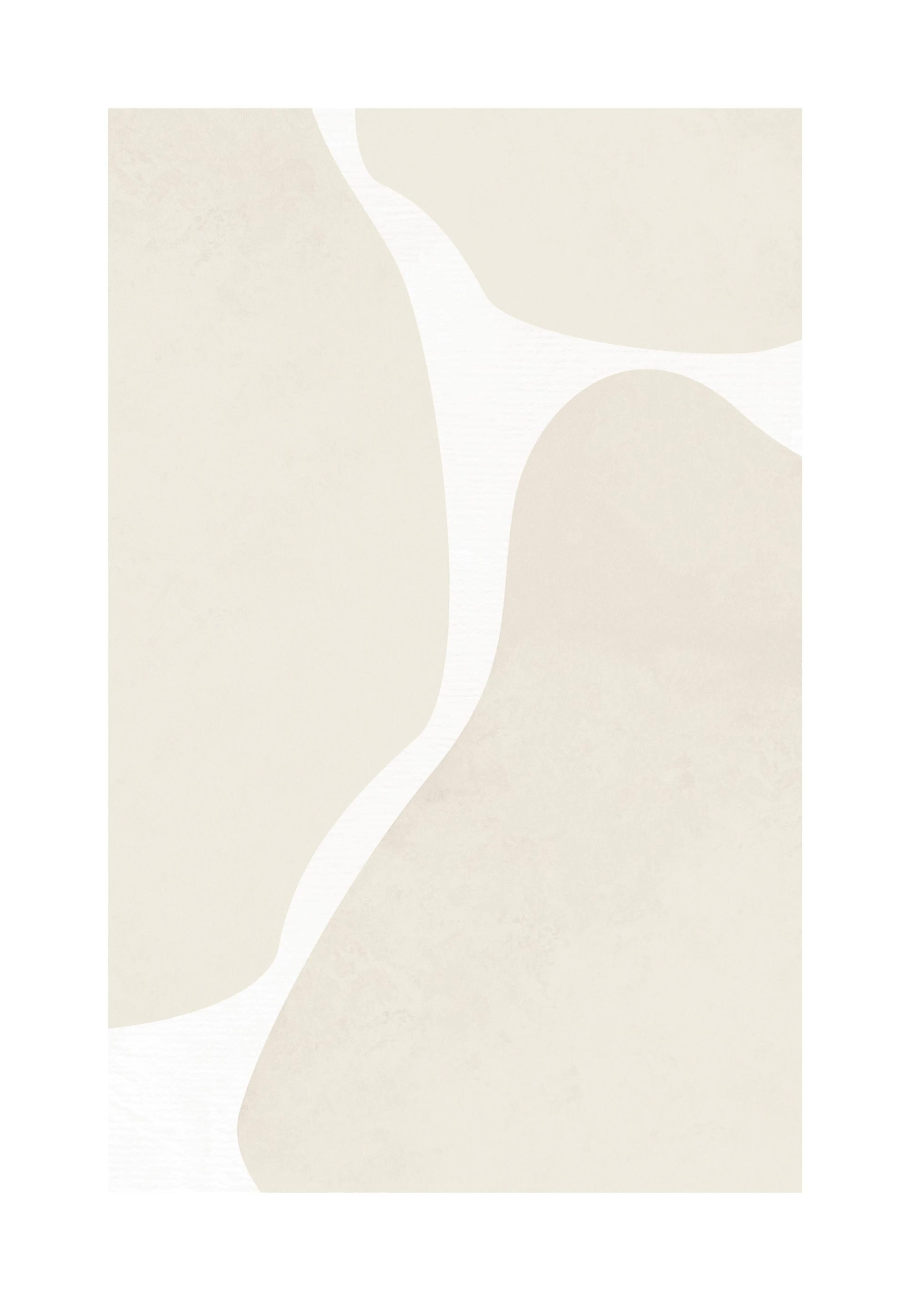 A poster featuring a minimalist design with three organic, light beige shapes separated by white curved lines.