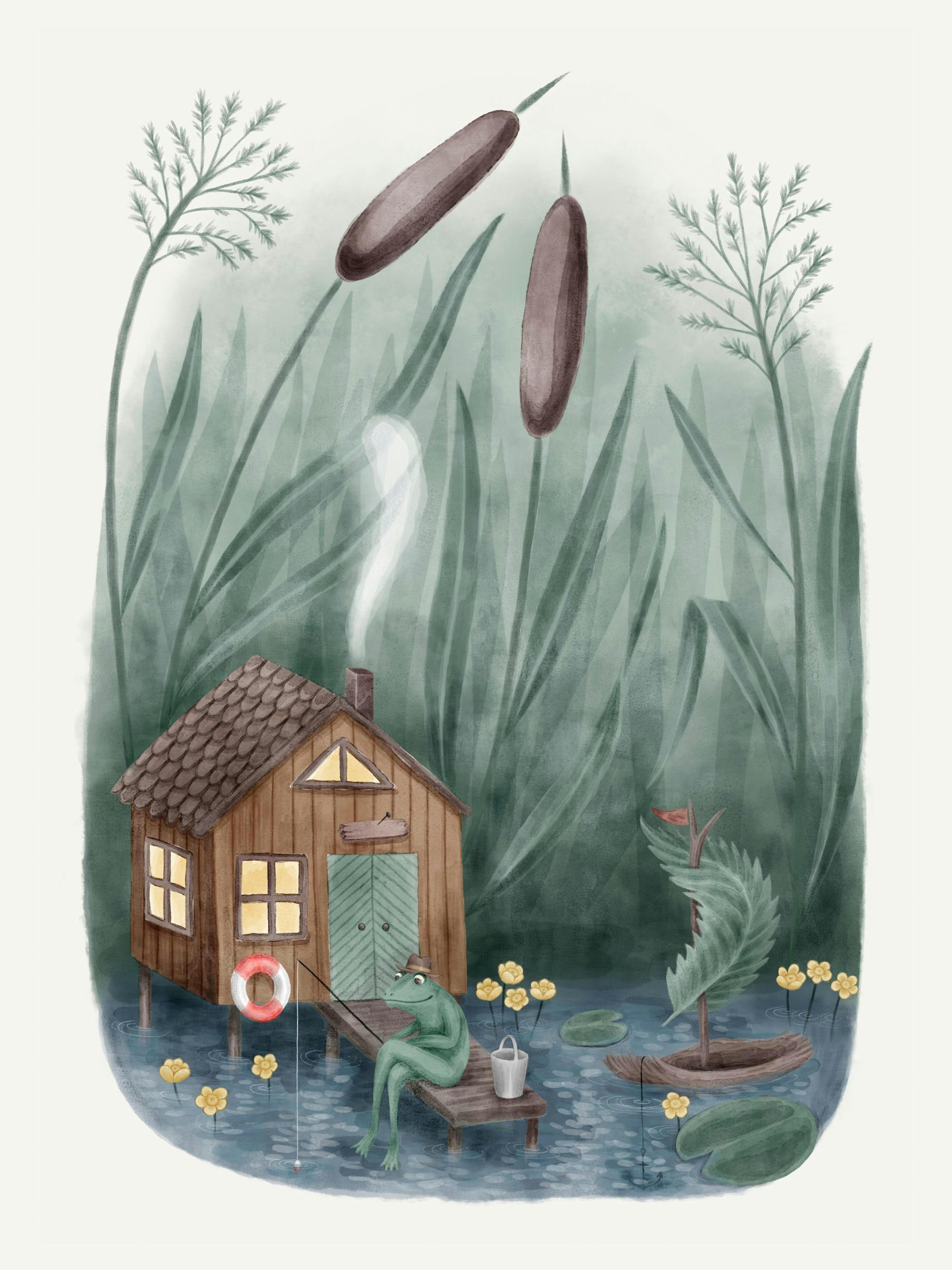 Une décoration murale de 5 posters variés sur un mur vert, au-dessus dun lit avec des draps marrons et verts.