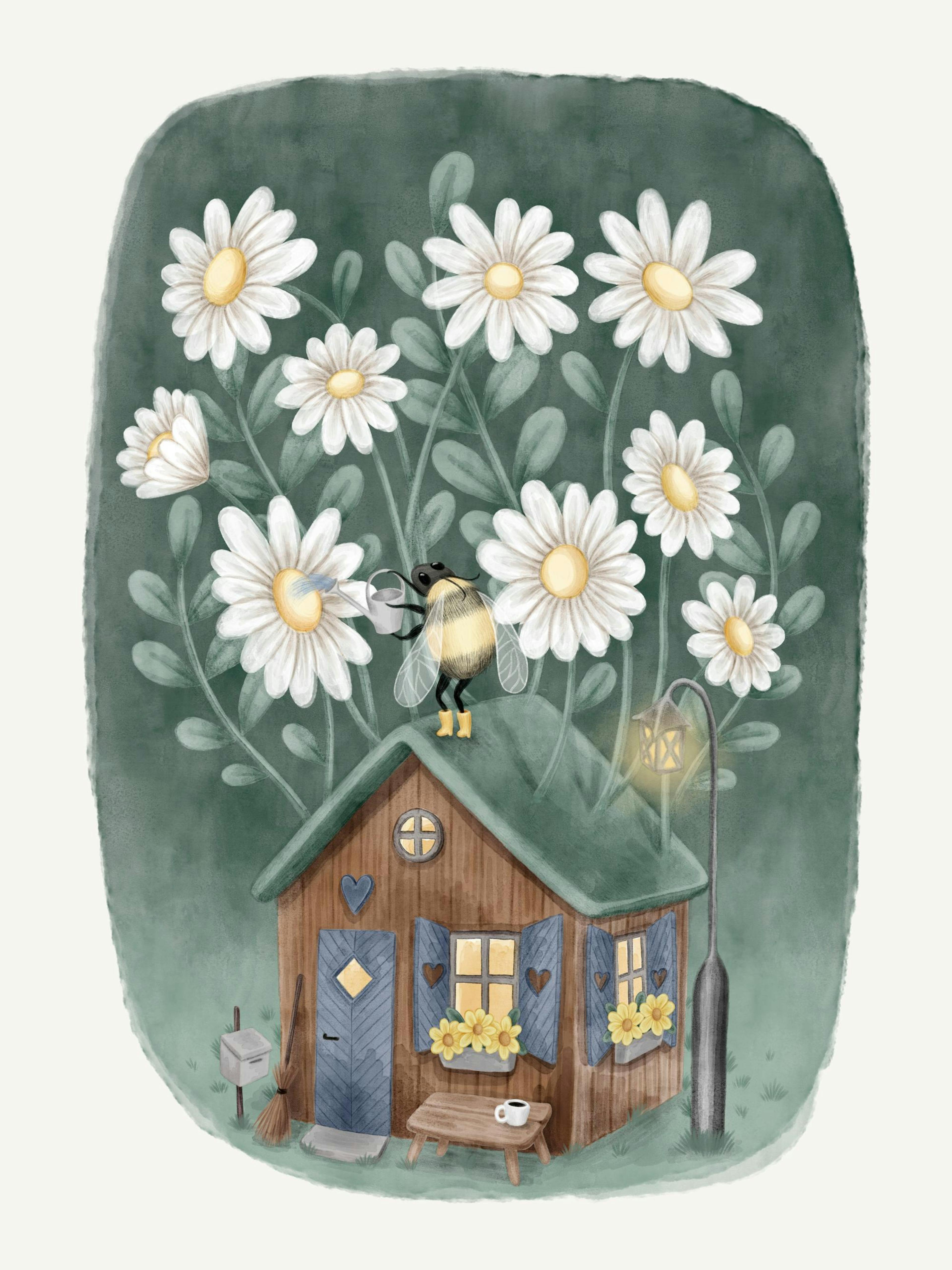 A gallery wall of five nature-themed posters, including a sleeping fox, a frog house, and flowers, displayed in a bedroom with a