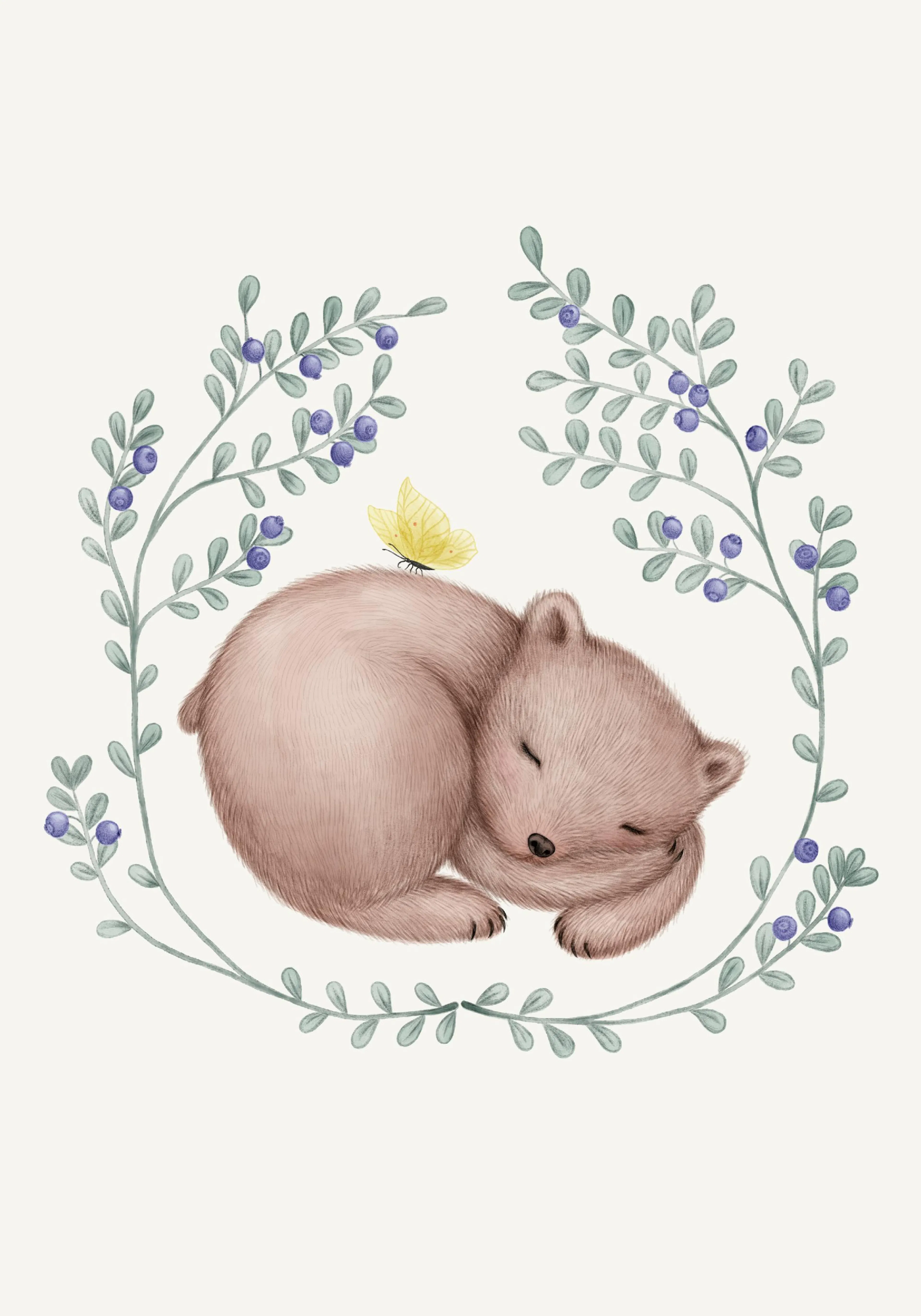 A poster featuring a sleeping bear cub with a yellow butterfly on its back, surrounded by a wreath of green leaves and blueberri