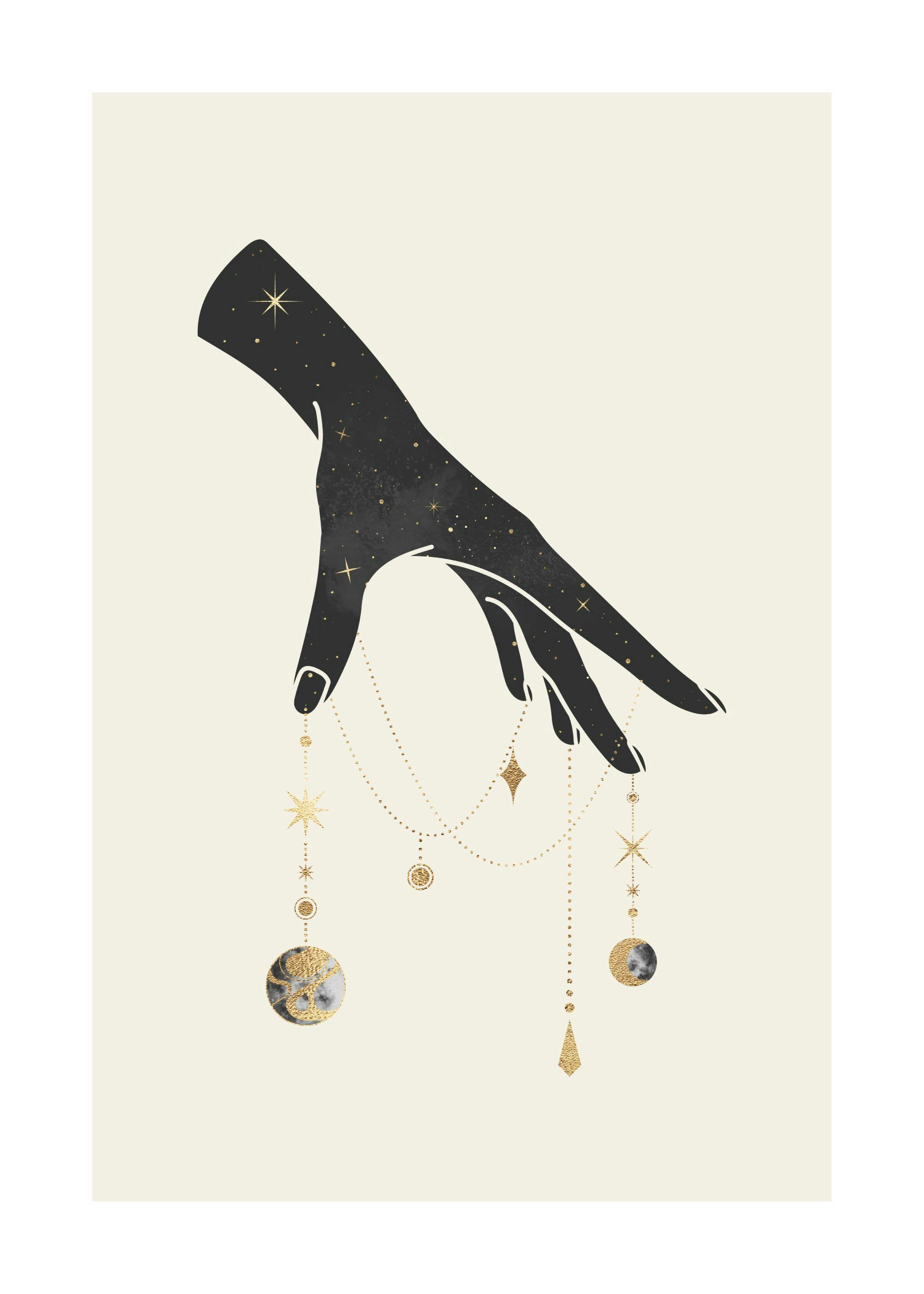 A poster featuring a black hand with golden stars and moons hanging from its fingertips, on a beige background.