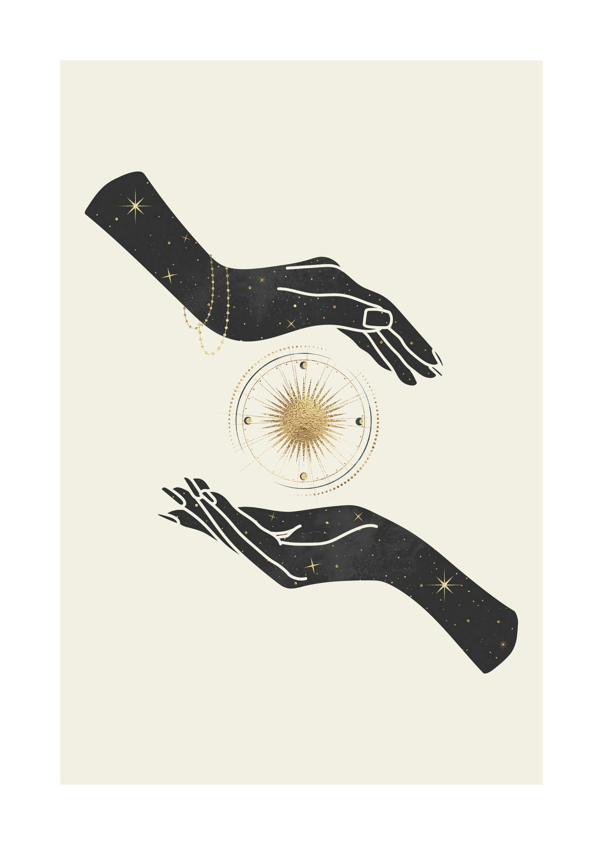 A poster featuring black hands with white outlines, holding a golden sun symbol and stars on a light background.