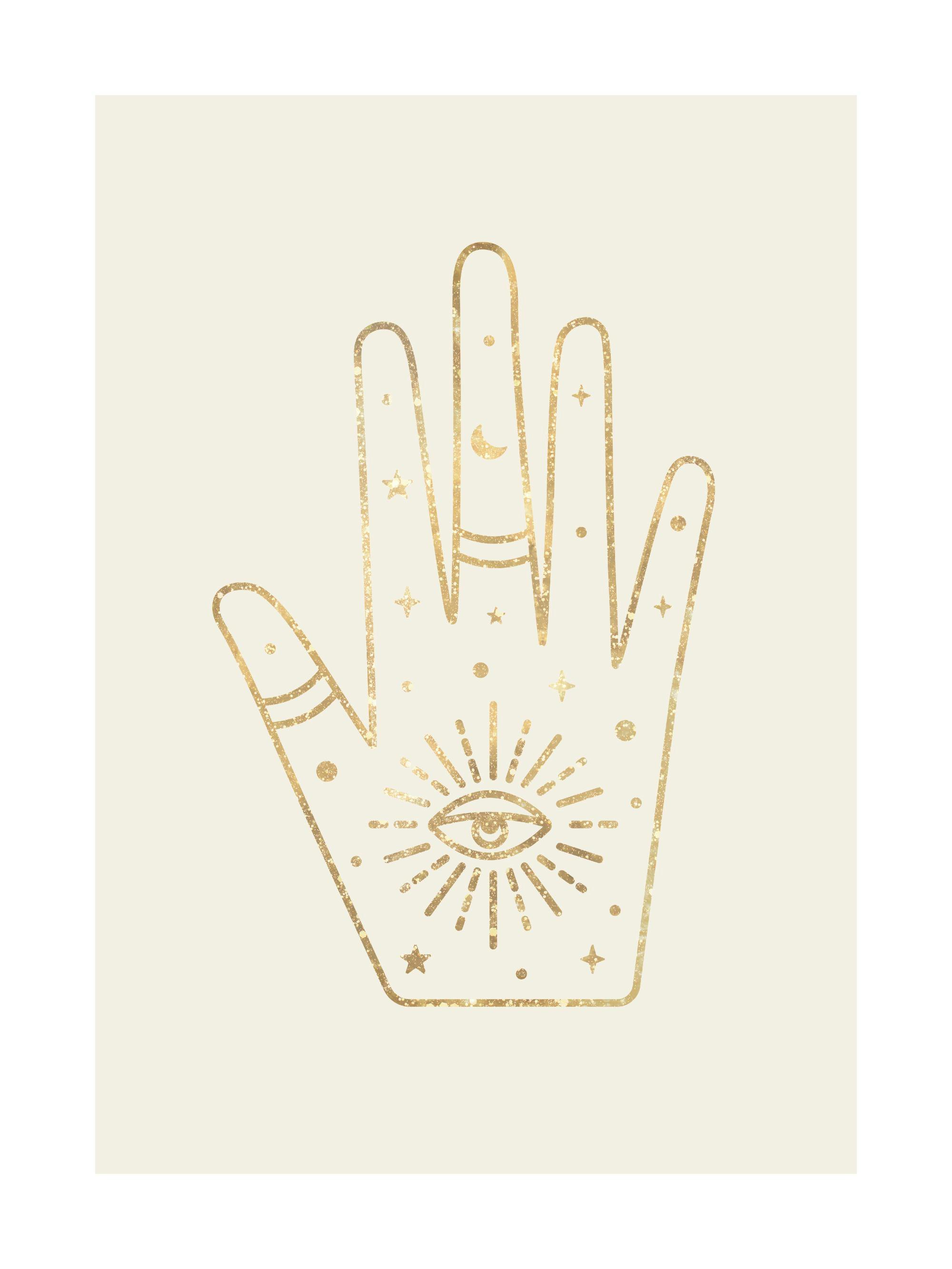 Poster dune main mystique dorée avec lœil dHorus, des étoiles et une lune sur fond crème.