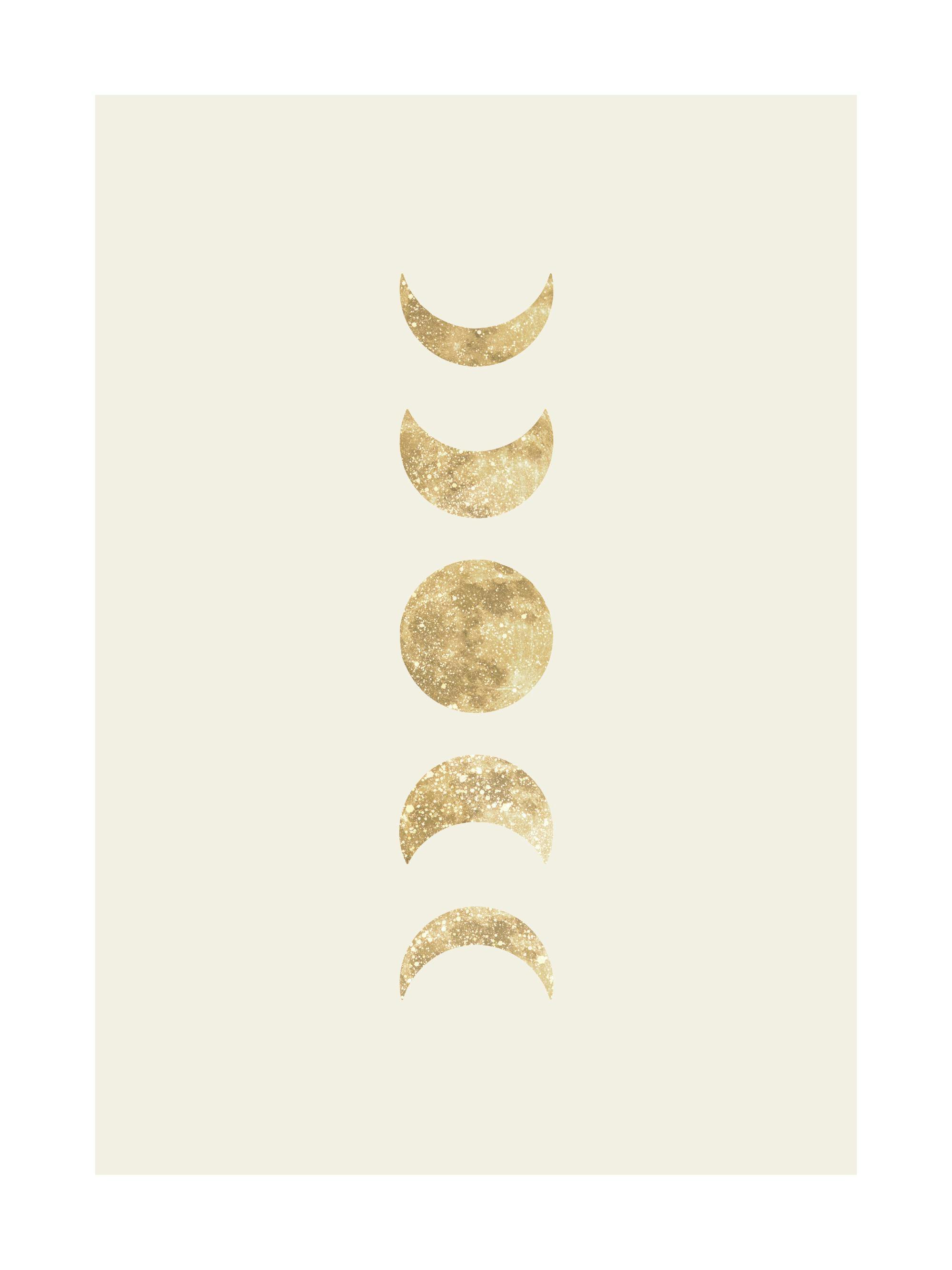 Poster représentant les phases de la lune en doré scintillant sur un fond beige clair.