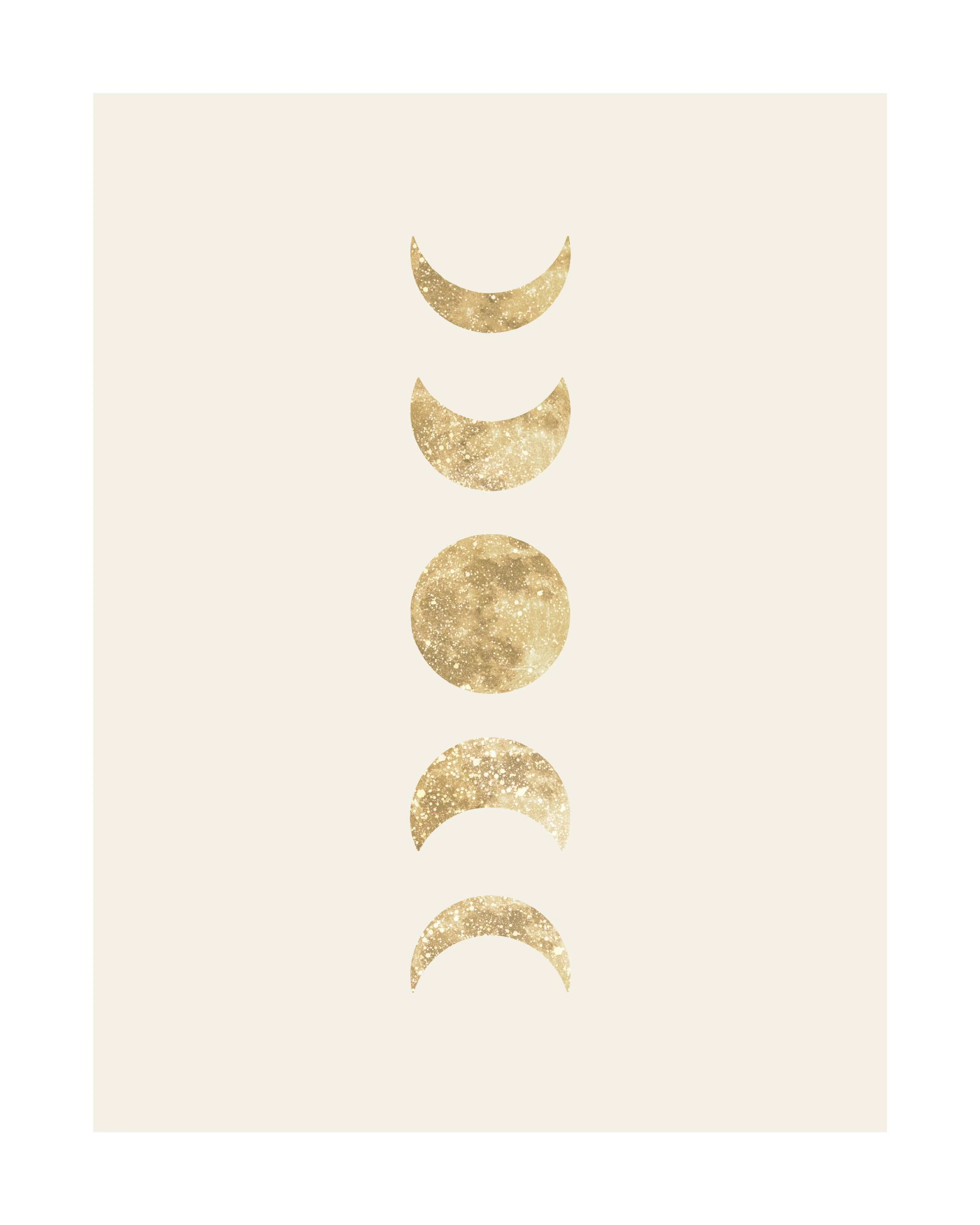 A poster featuring a vertical column of golden, glittery moon phases against a cream background.