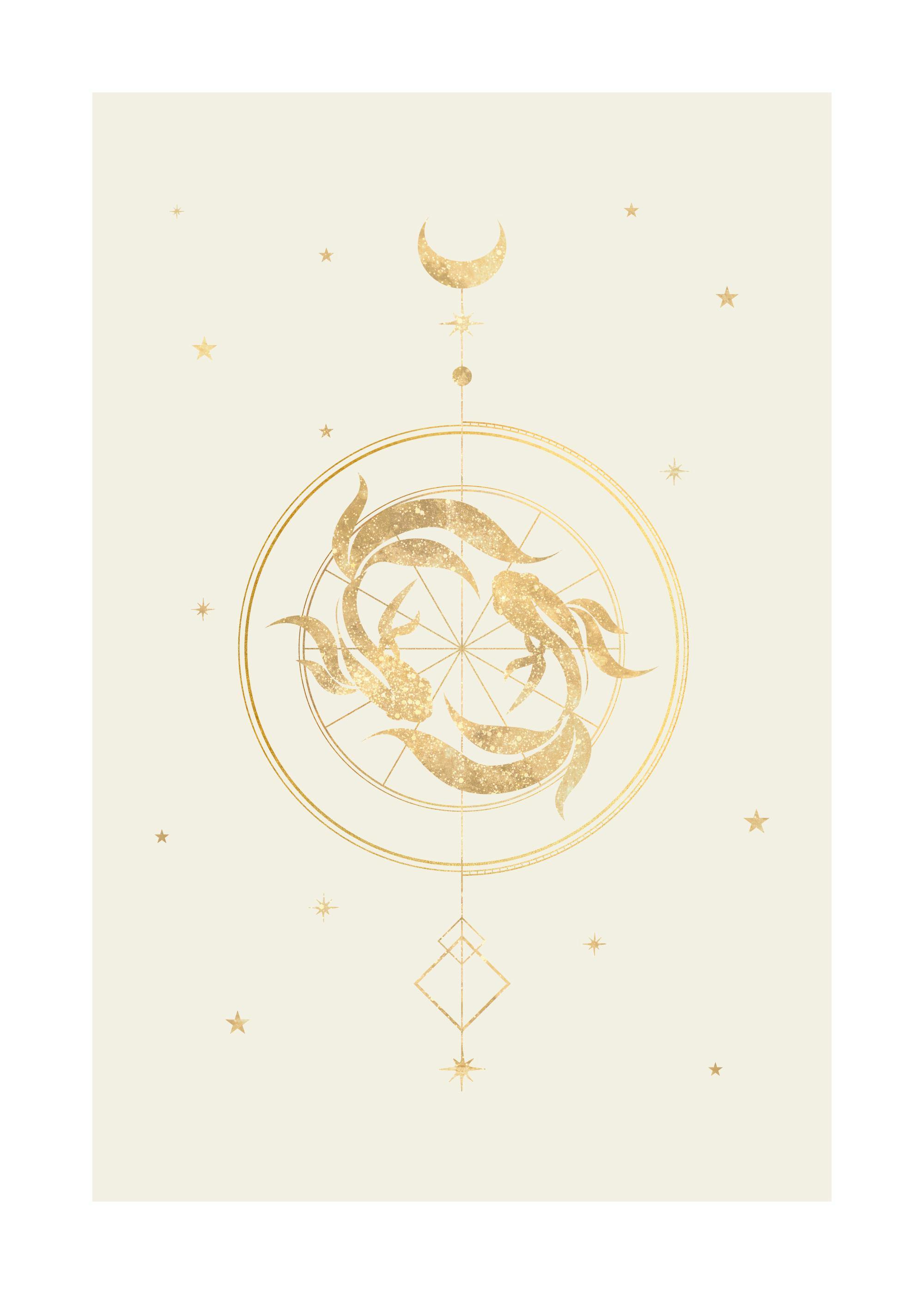 Póster de dos peces dorados en un círculo con lunas y estrellas, evocando el signo zodiacal de Piscis.