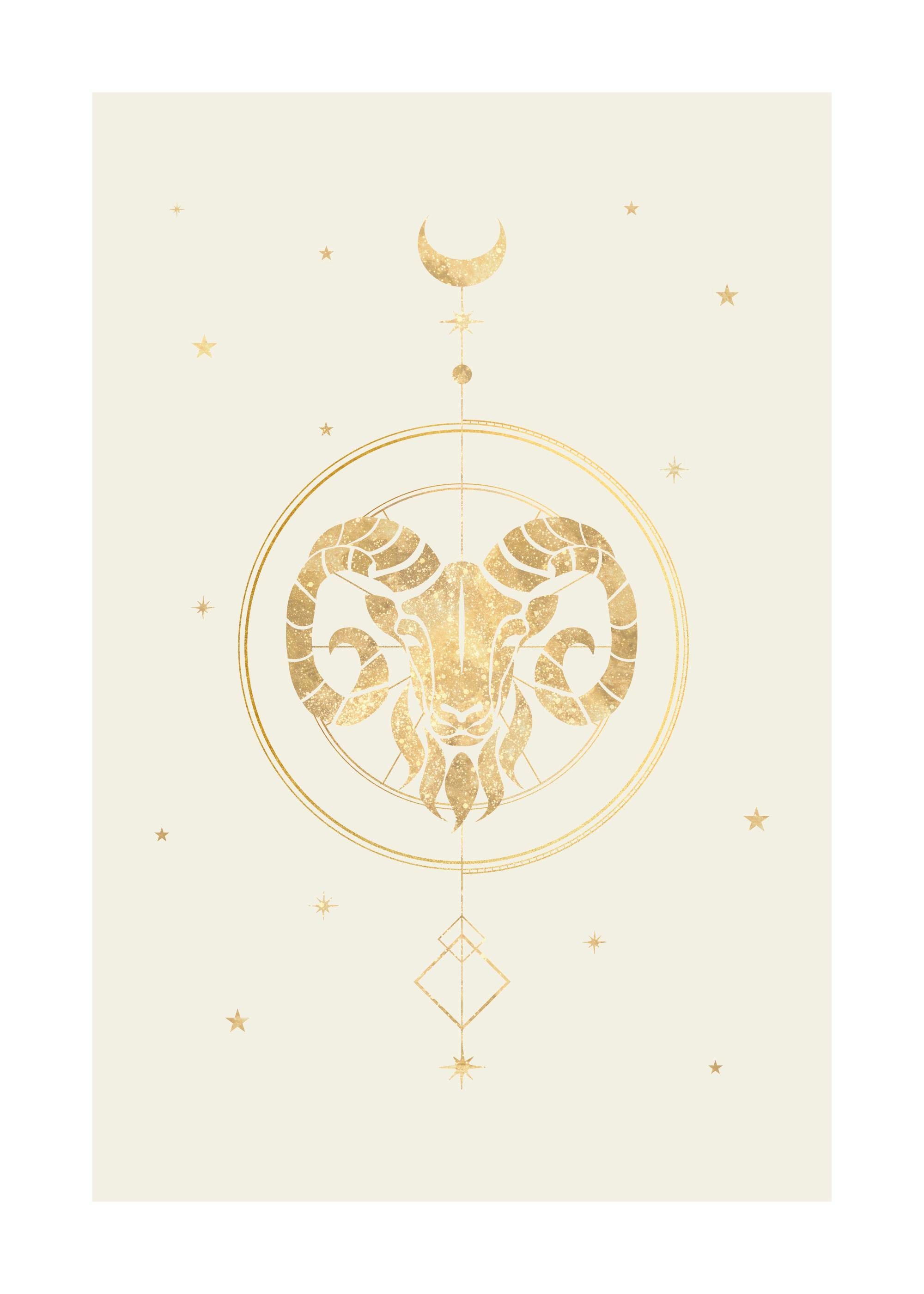Póster del signo zodiacal Aries en oro brillante sobre fondo beige con estrellas y luna.