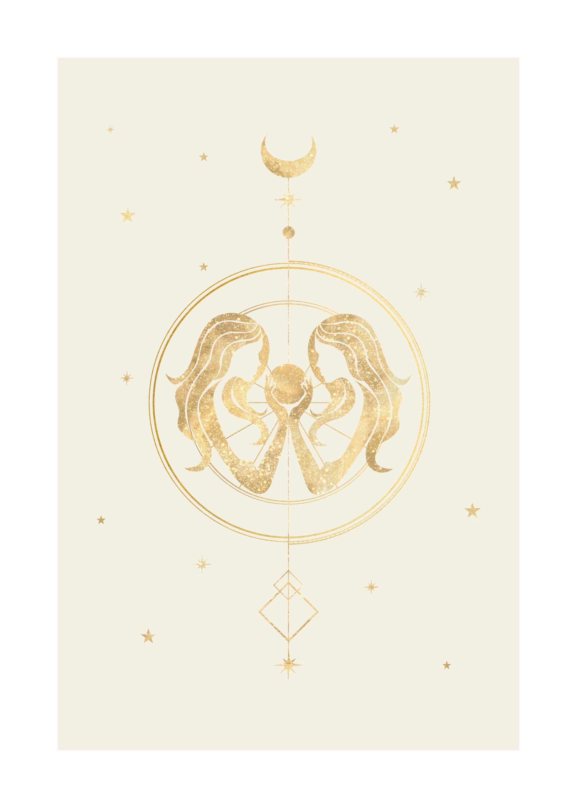 Plakat przedstawiający złoty symbol astrologiczny Bliźniąt z księżycem i gwiazdami na beżowym tle.