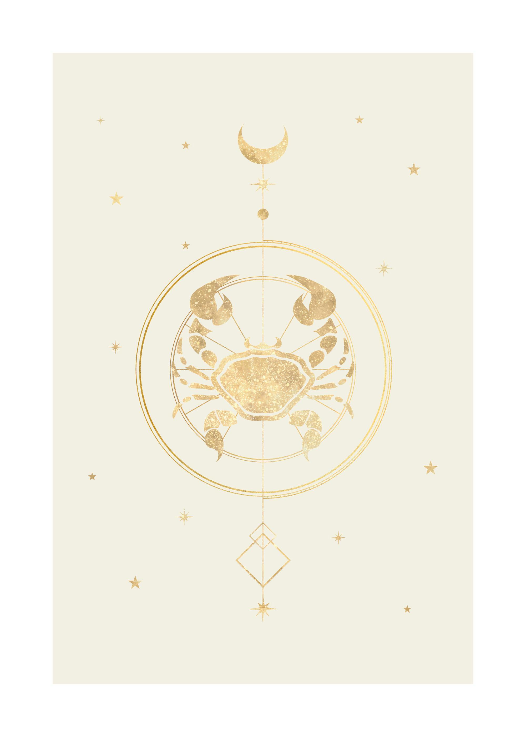 Poster mit goldglänzendem Krebs-Sternzeichen, umgeben von einem Kreis, Mond und Sternen auf hellem Hintergrund.