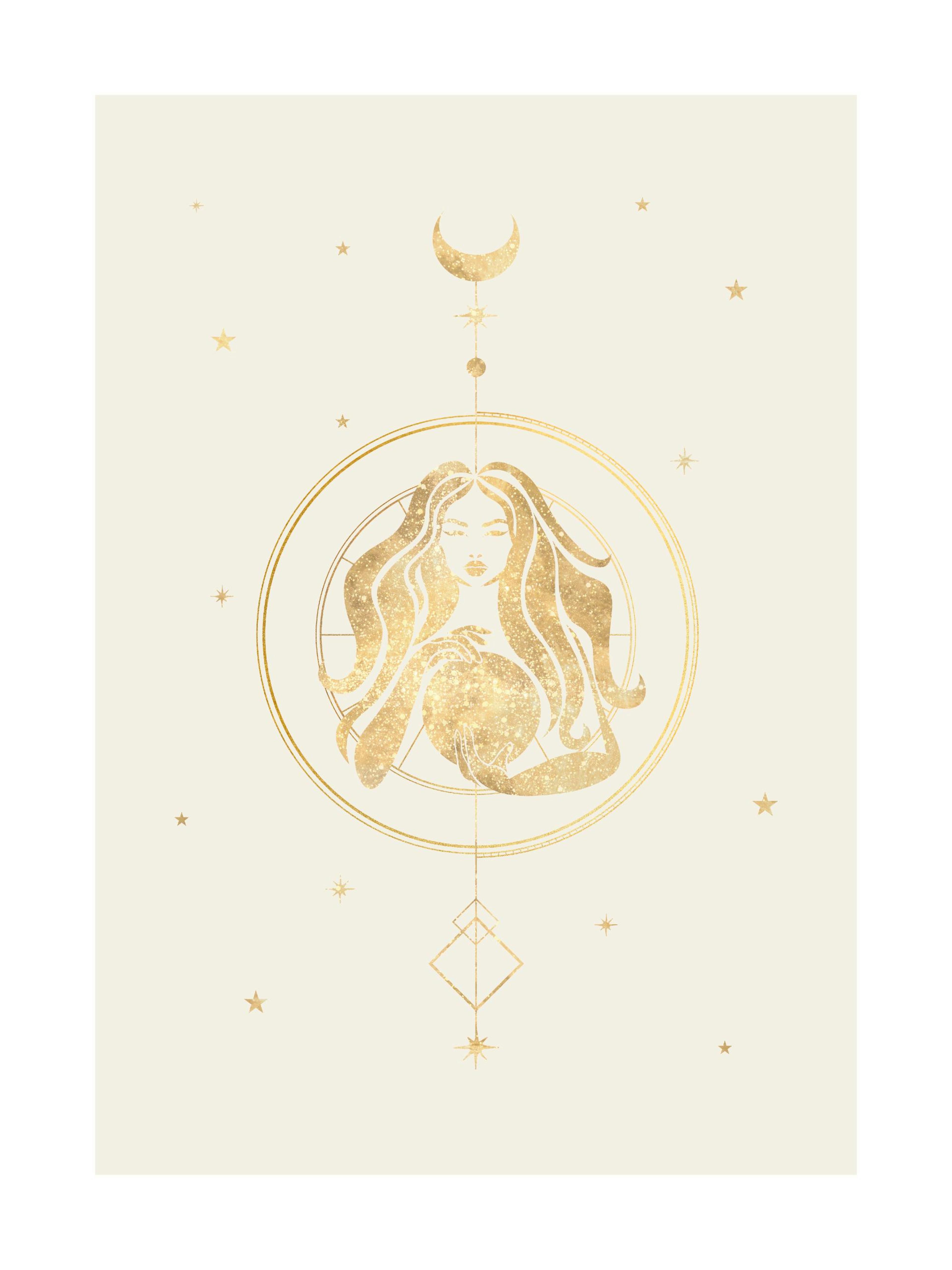 A poster featuring a golden celestial goddess with flowing hair holding a sphere, framed by a circle and geometric shapes, on a 