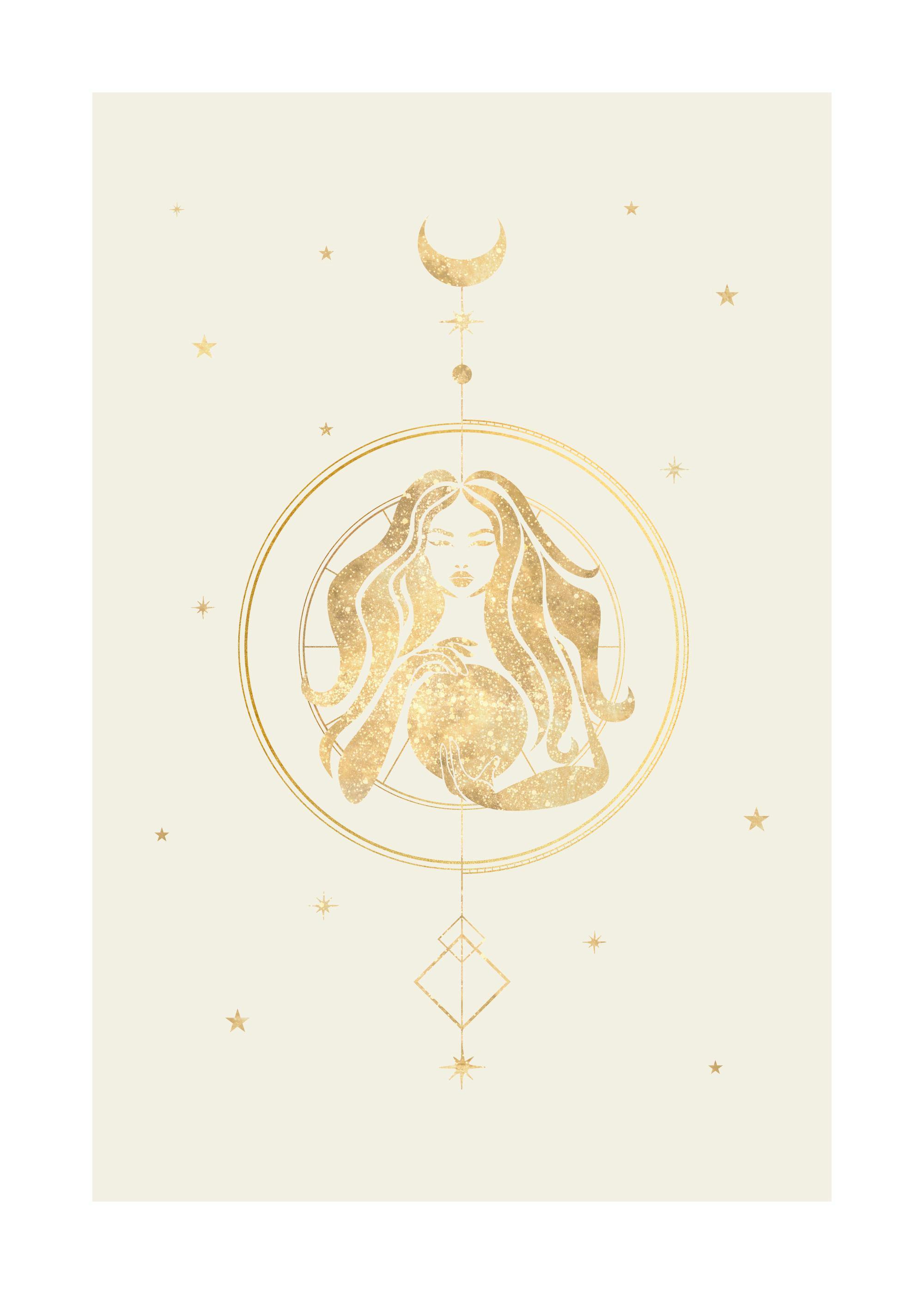 Een poster met een gouden illustratie van een vrouw met golvend haar, omringd door een cirkel en sterren, op een lichte achtergr