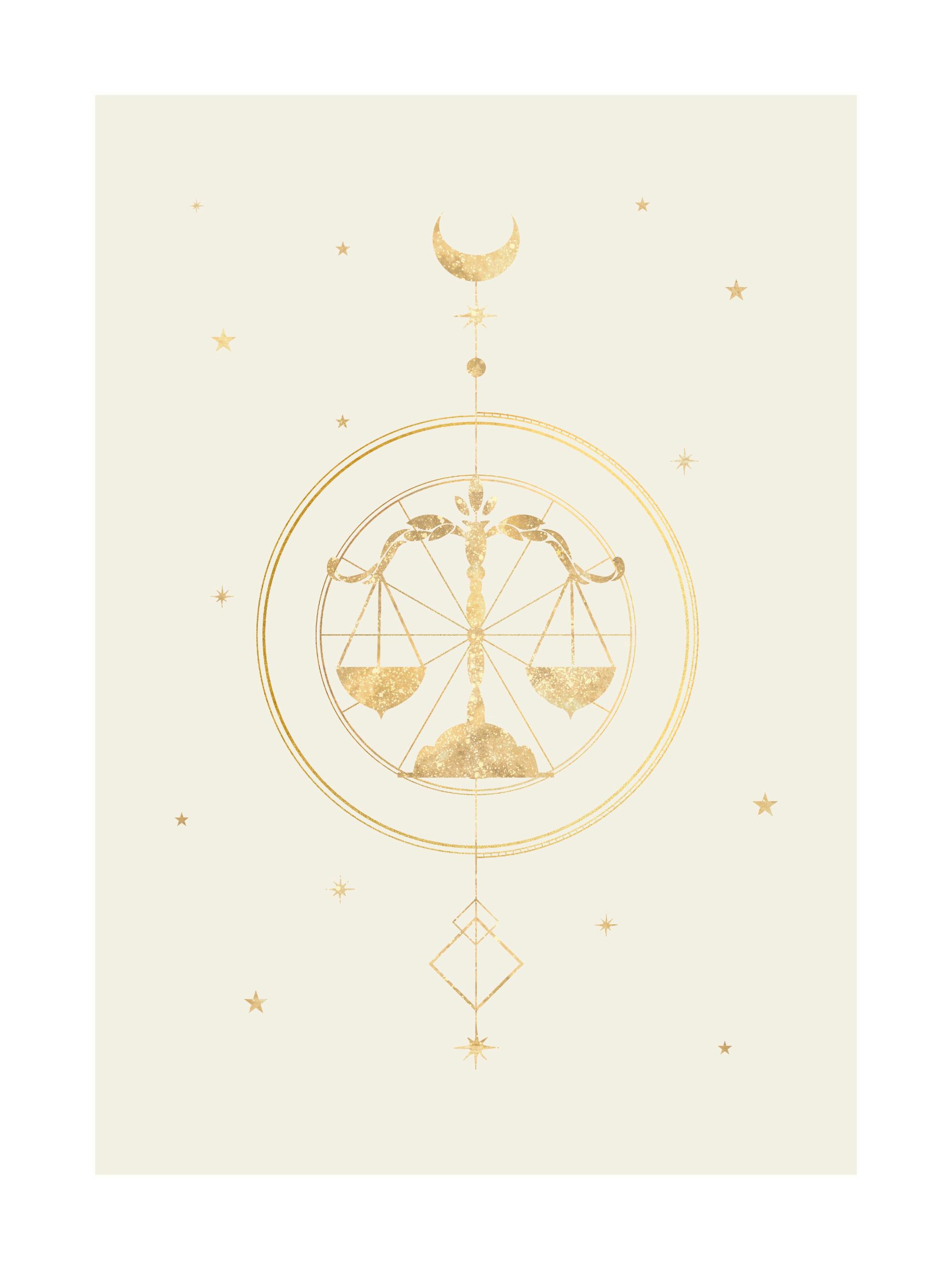 Plakat przedstawiający złotą wagę zodiakalną, księżyc i gwiazdy na jasnym tle.