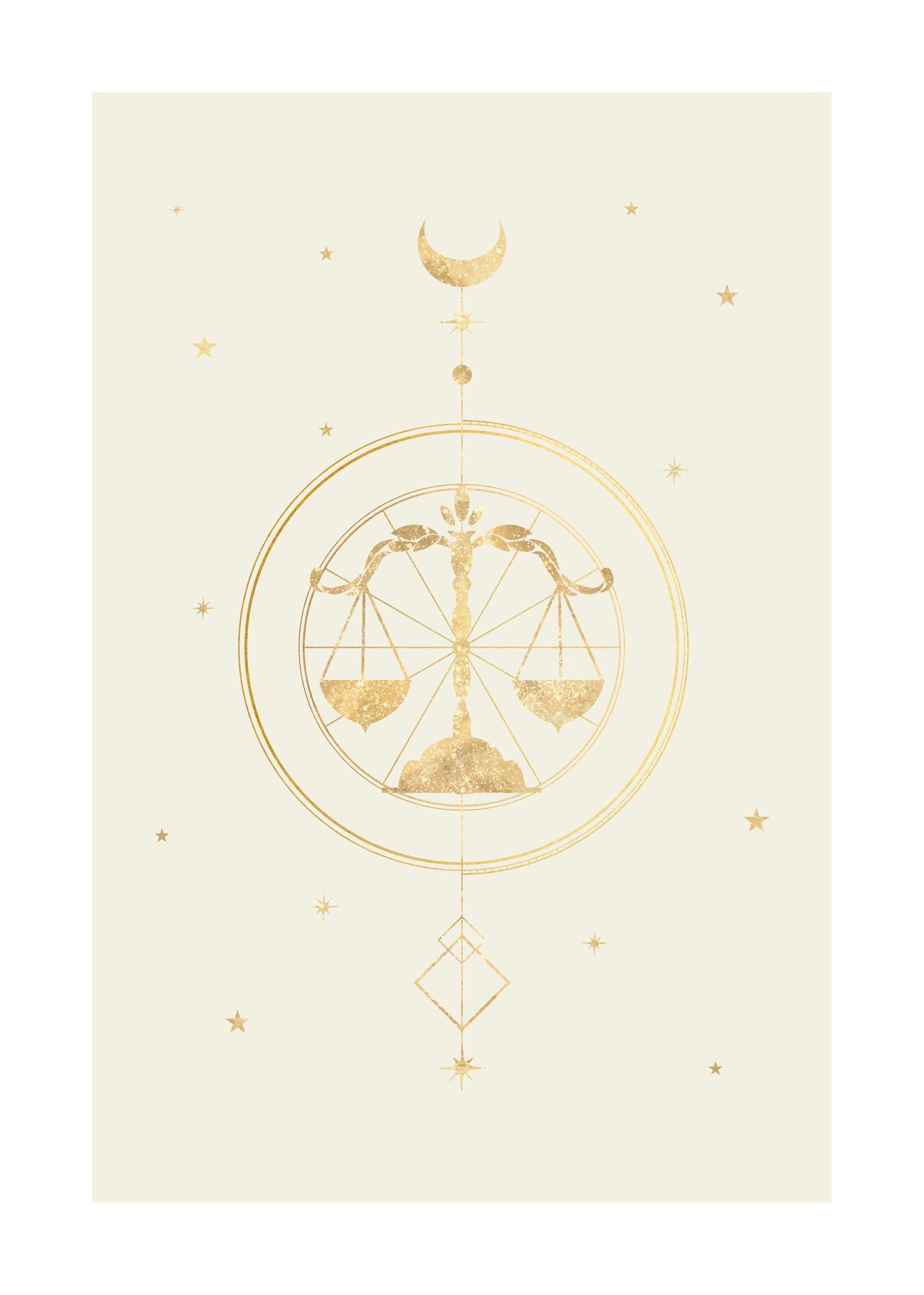 Plakat przedstawiający złotą wagę zodiakalną, księżyc i gwiazdy na jasnym tle.