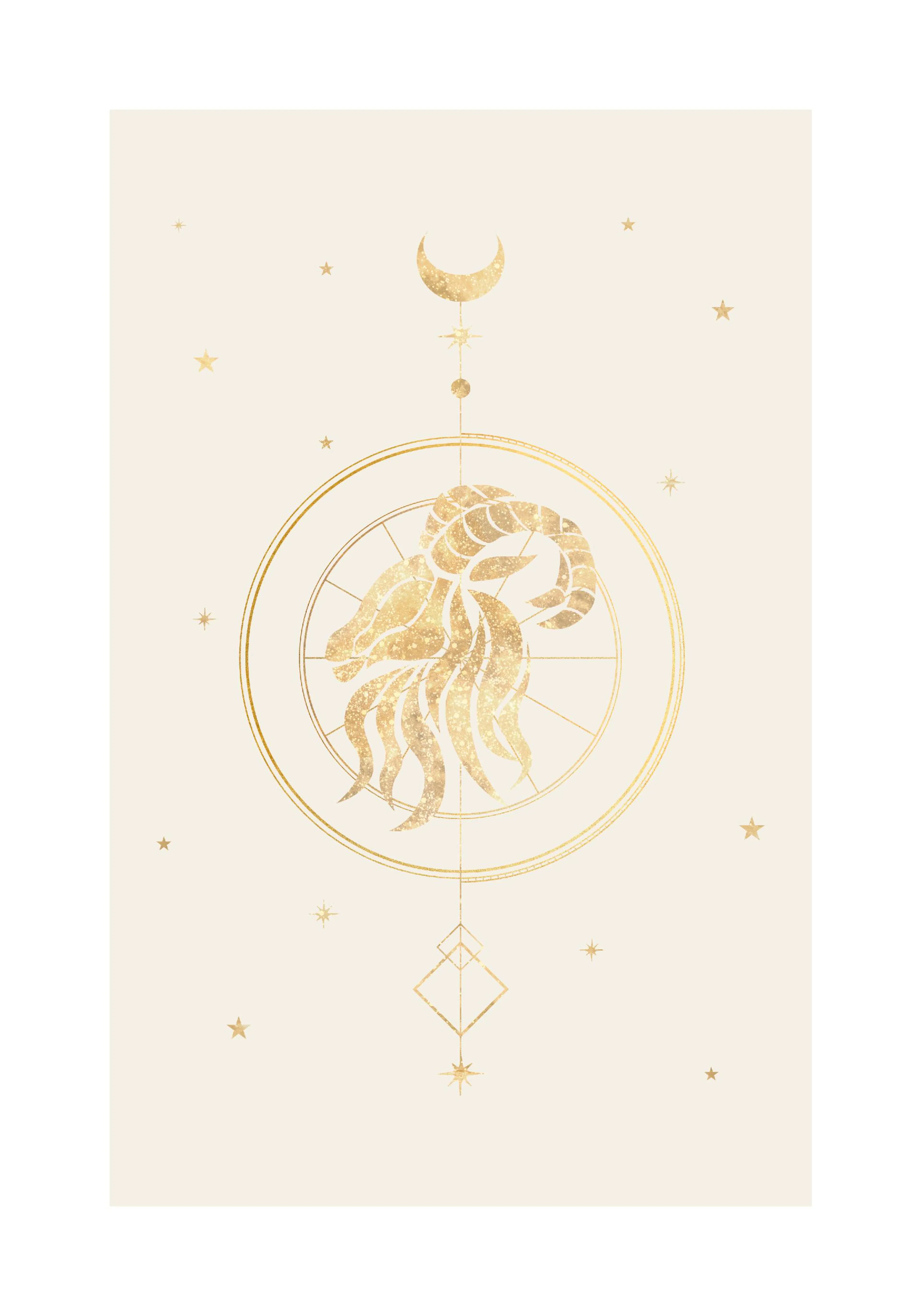 Poster con un segno zodiacale del Capricorno dorato con glitter, luna, stelle, e dettagli geometrici su sfondo crema.