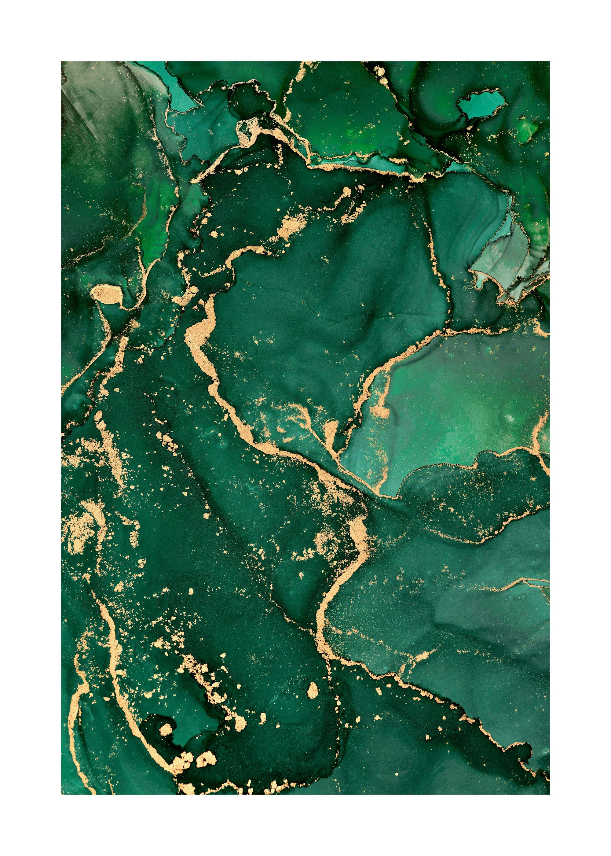 A poster featuring a flowing alcohol ink abstract in deep emerald green, accented with shimmering gold lines and specks.