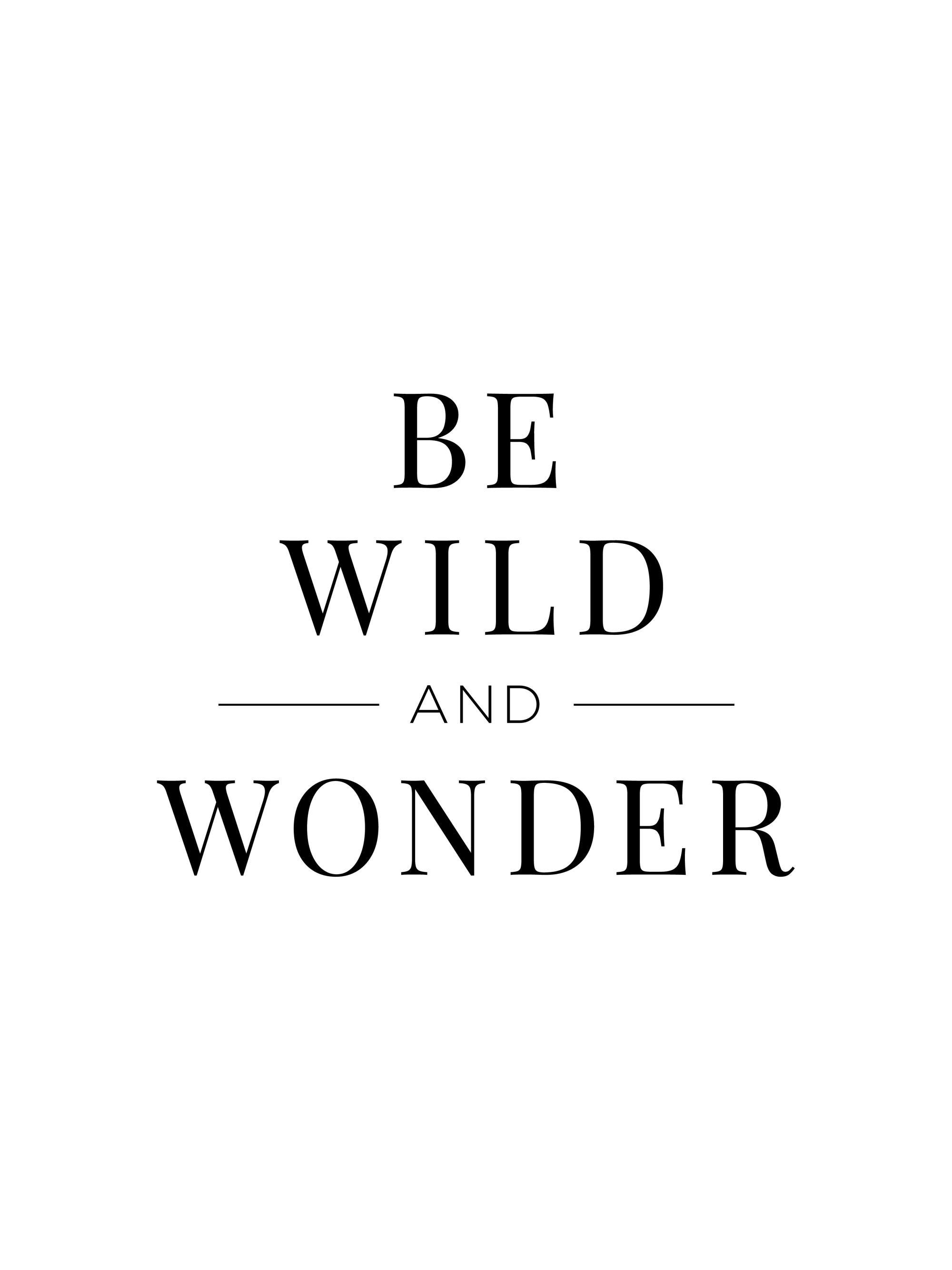 Witte poster met de tekst BE WILD AND WONDER in zwart, verdeeld over drie regels, met strepen naast AND.