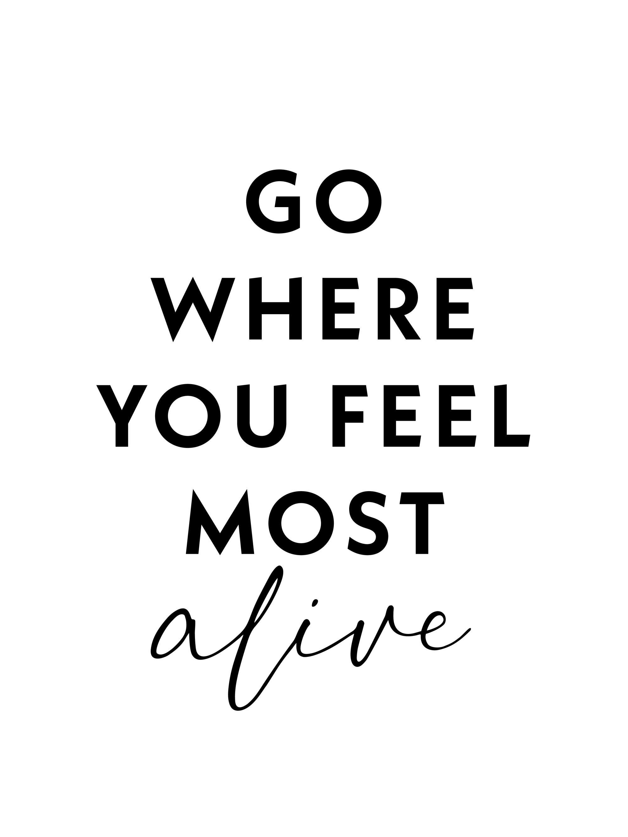 Poster con scritta motivazionale GO WHERE YOU FEEL MOST alive in nero su sfondo bianco, con alive in corsivo.