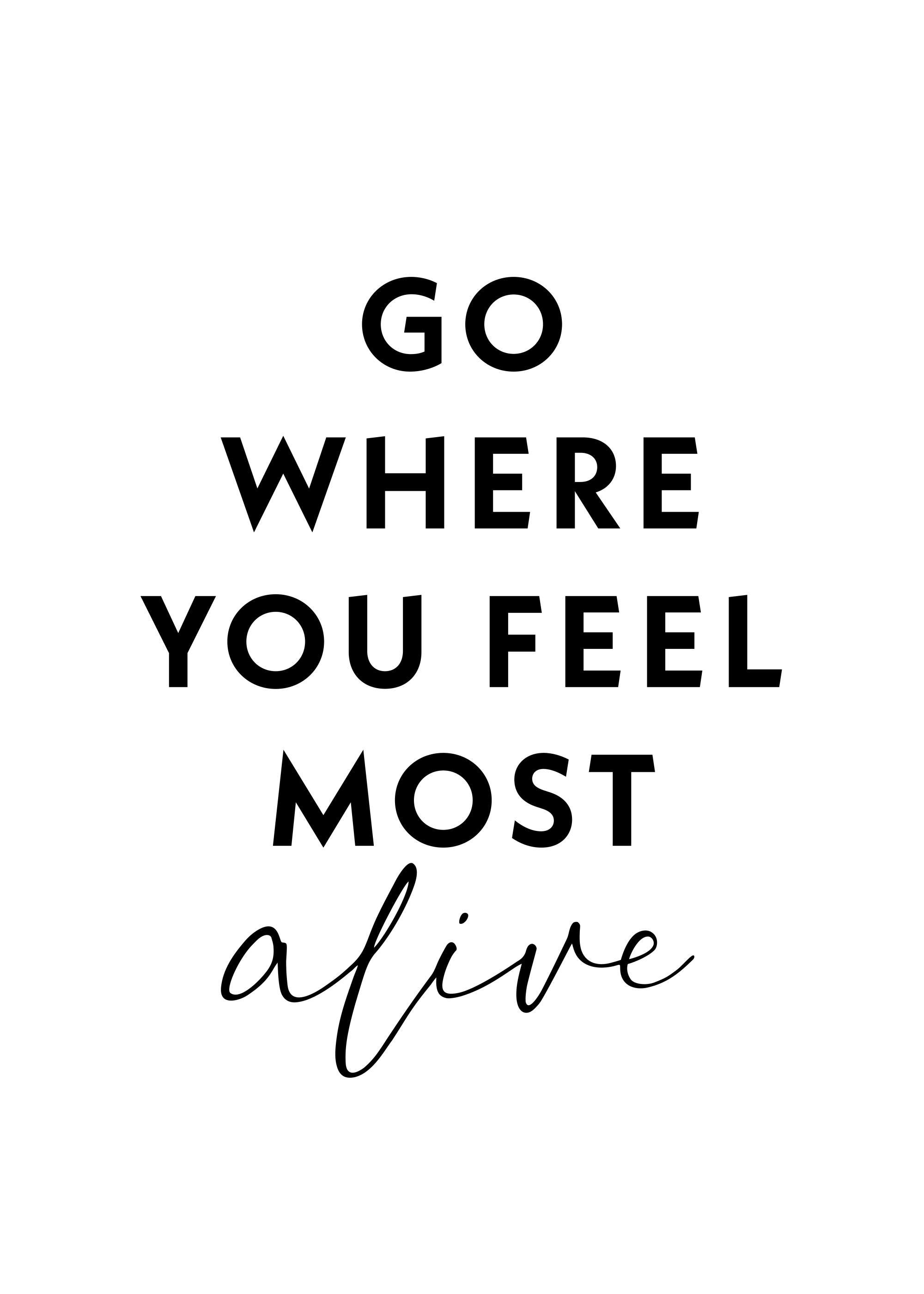 A poster with the motivational quote GO WHERE YOU FEEL MOST alive in black text on a white background.
