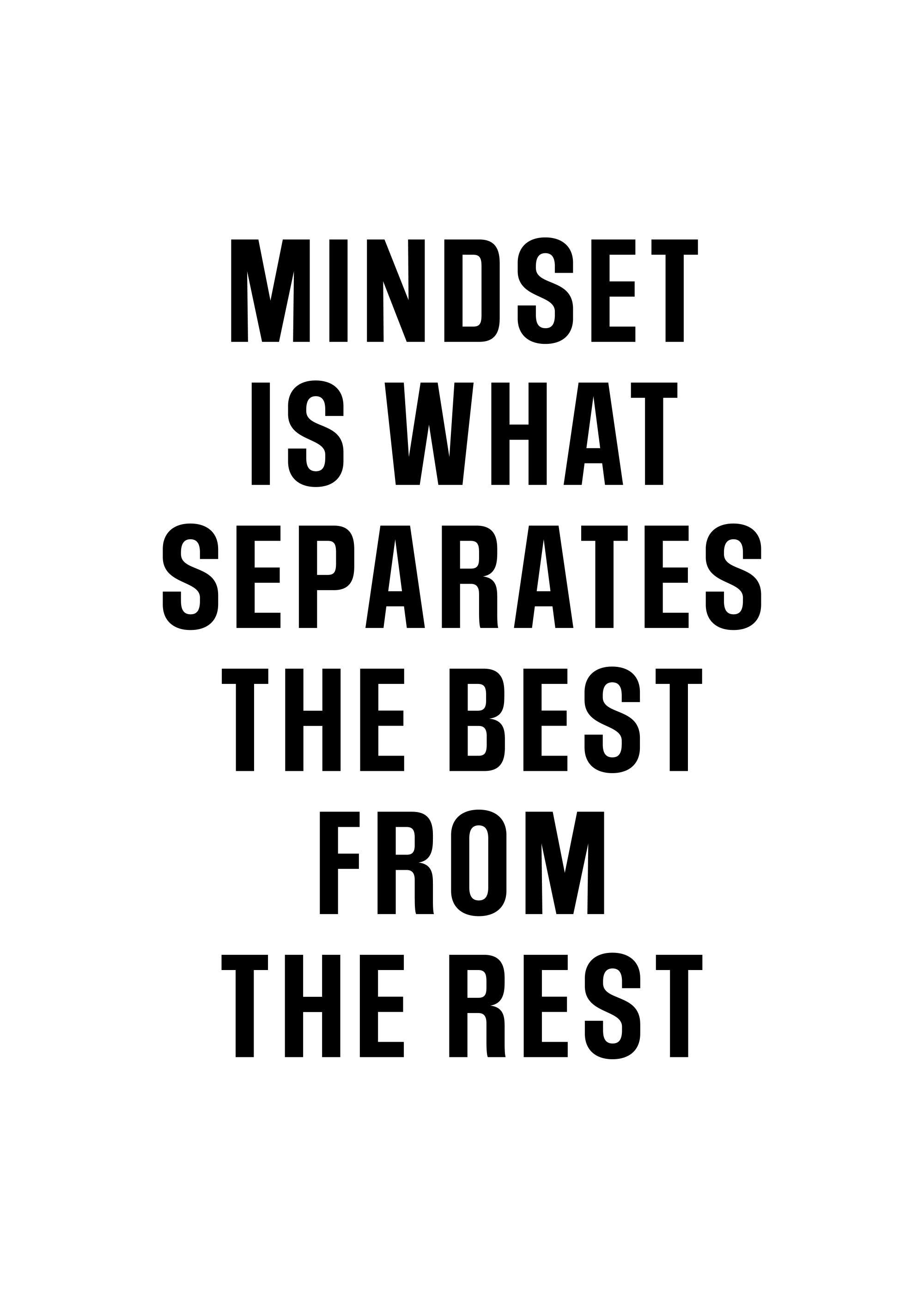 Ein Poster mit dem Spruch MINDSET IS WHAT SEPARATES THE BEST FROM THE REST in schwarzer Schrift auf weißem Hintergrund.