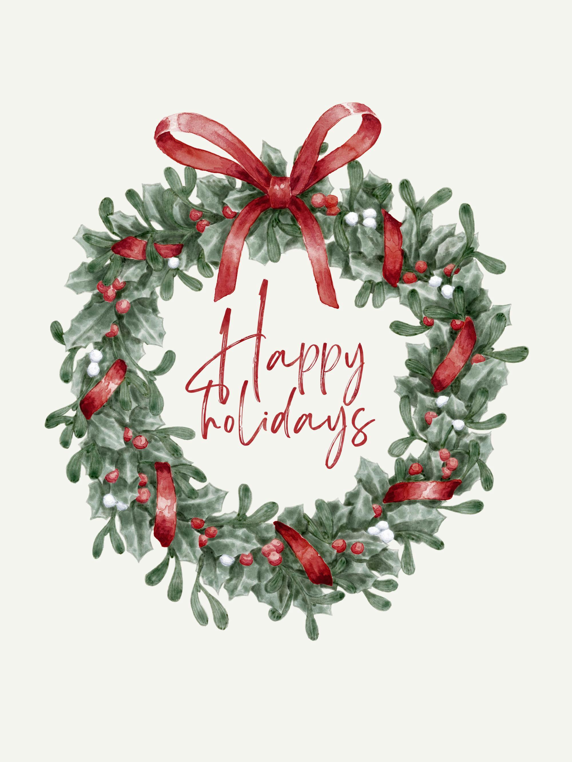 Poster mit einem Aquarellbild eines Weihnachtskranzes aus Stechpalme mit roten Beeren, roten Schleifen und dem Schriftzug Happy