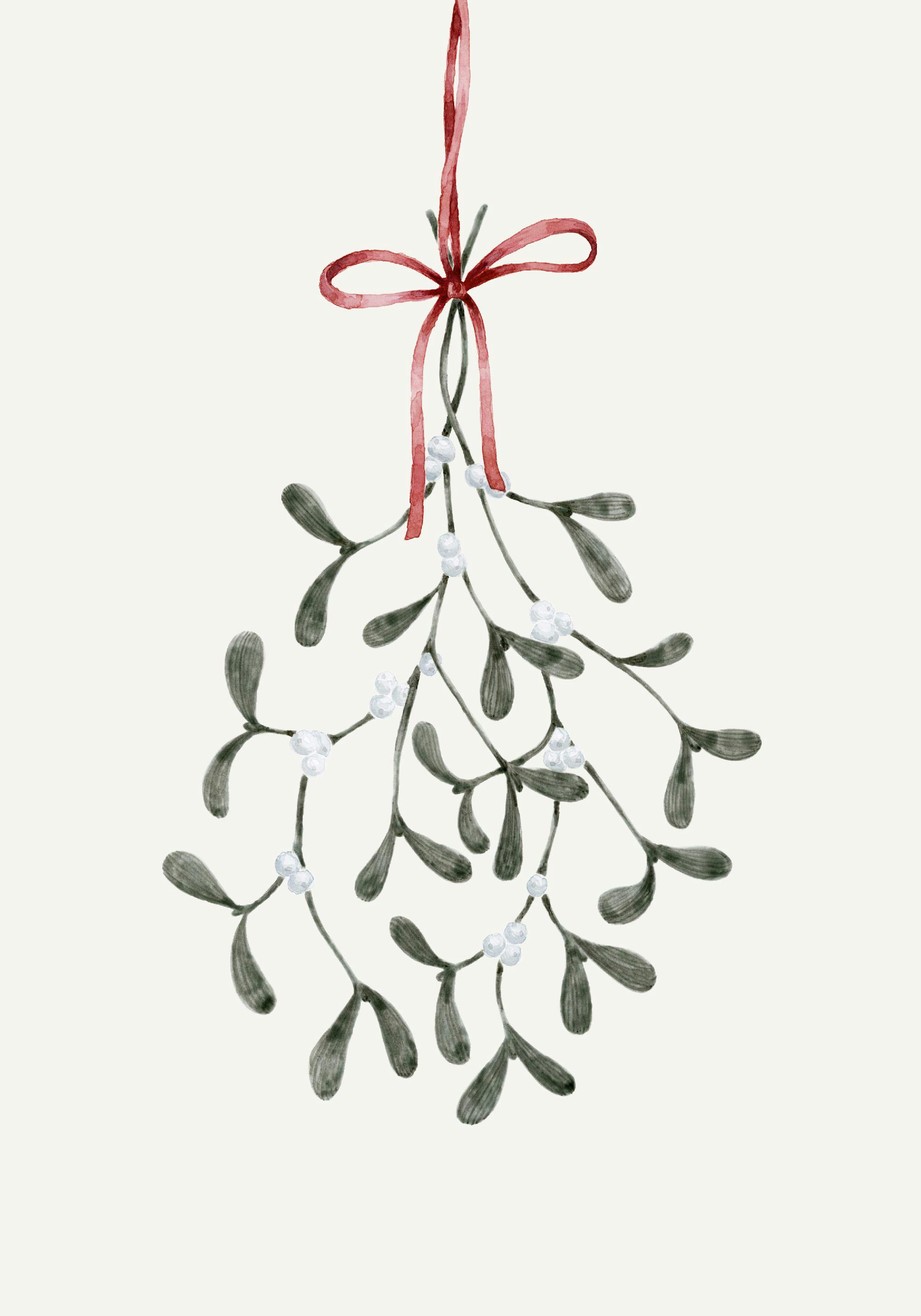 Poster mit einer hängenden Mistel mit roten Bändern und weißen Beeren auf hellem Hintergrund.