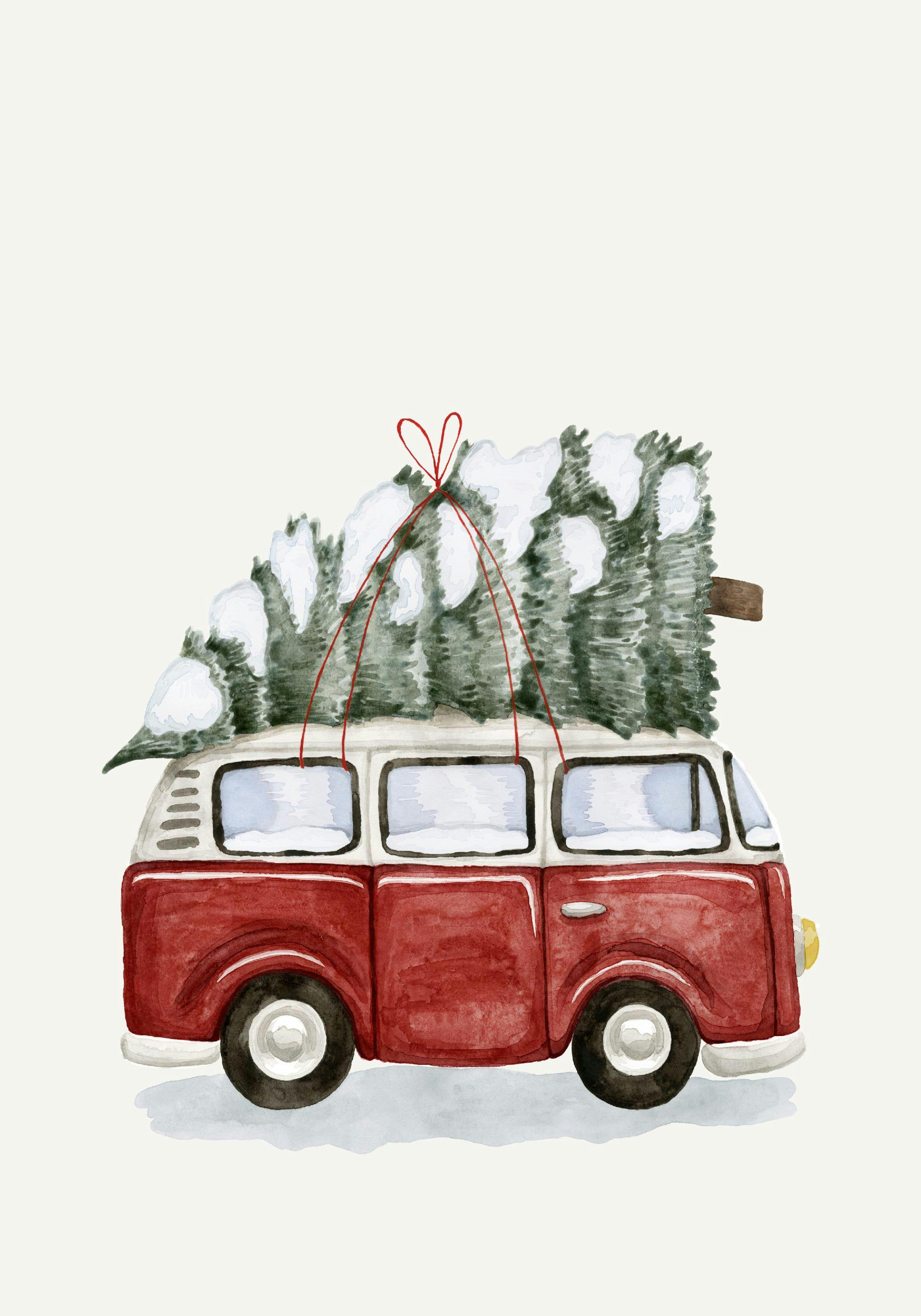 Poster: Ein roter Vintage-Bus mit einem schneebedeckten Weihnachtsbaum auf dem Dach, festlich gebunden mit einer roten Schleife.