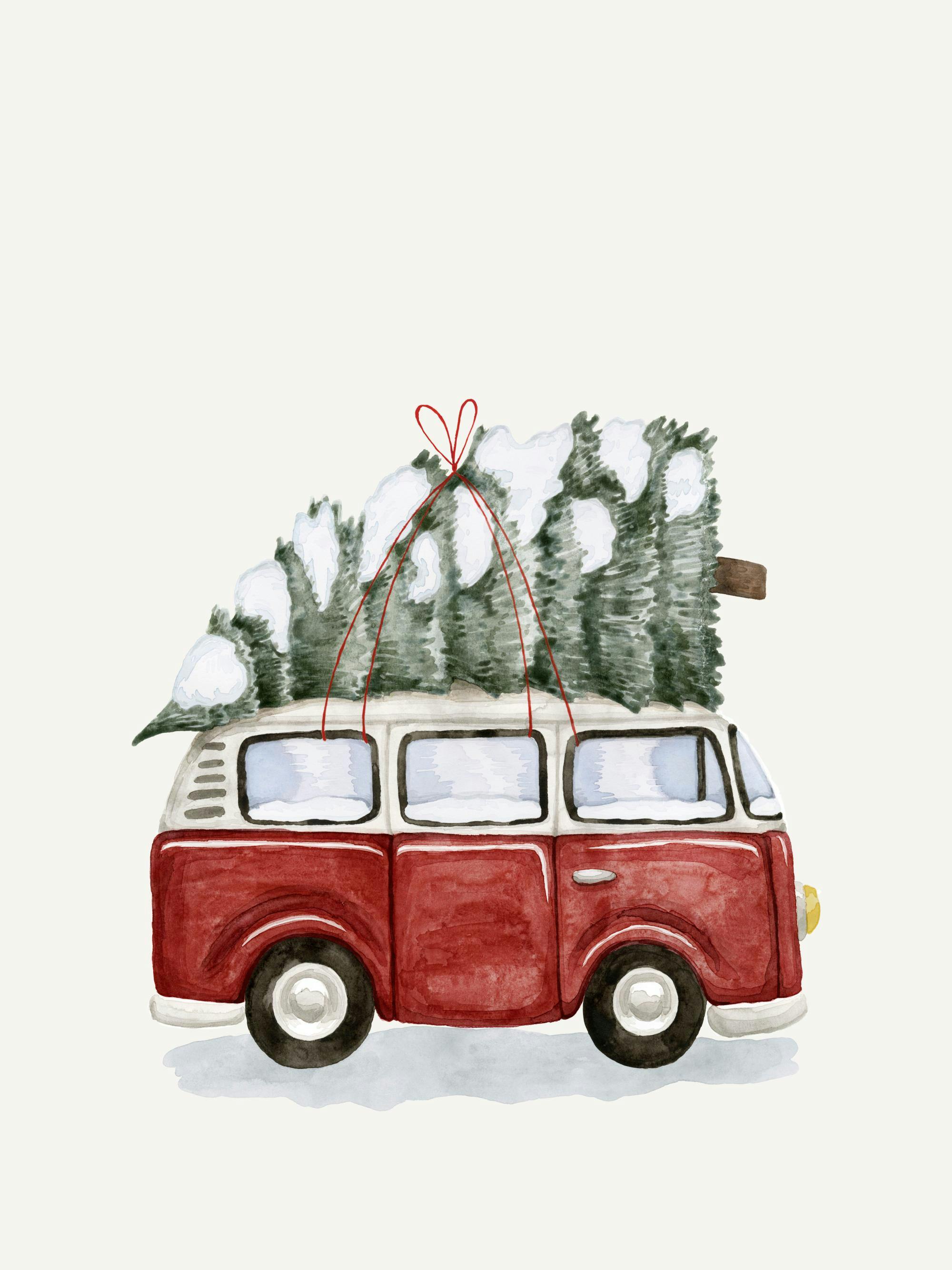 Poster cu o dubiță retro roșie și albă, cu un brad de Crăciun acoperit cu zăpadă legat pe acoperiș.