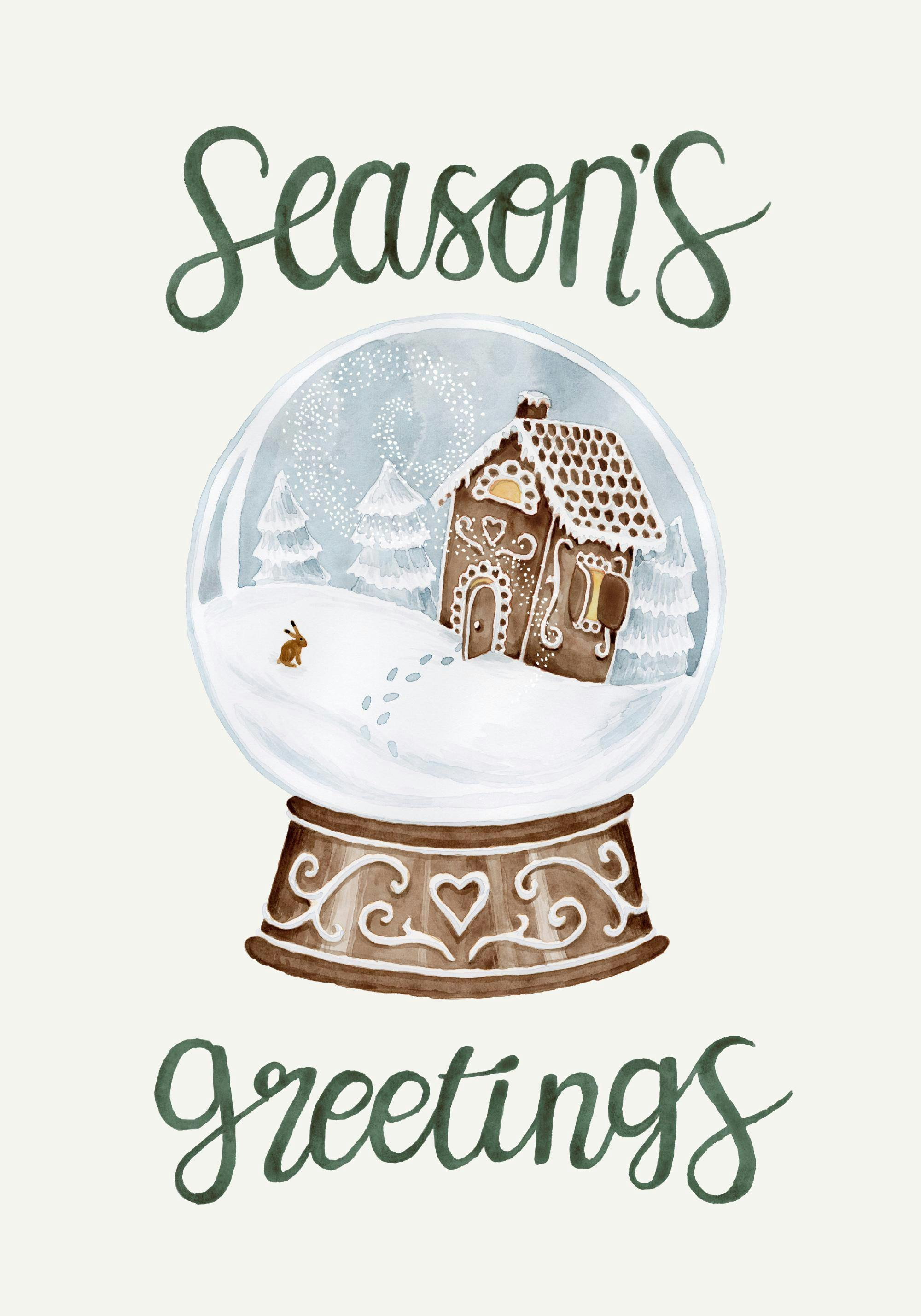 Winterliches Poster mit einer Schneekugel, die ein Lebkuchenhaus, Tannenbäume und einen Hasen im Schnee zeigt.