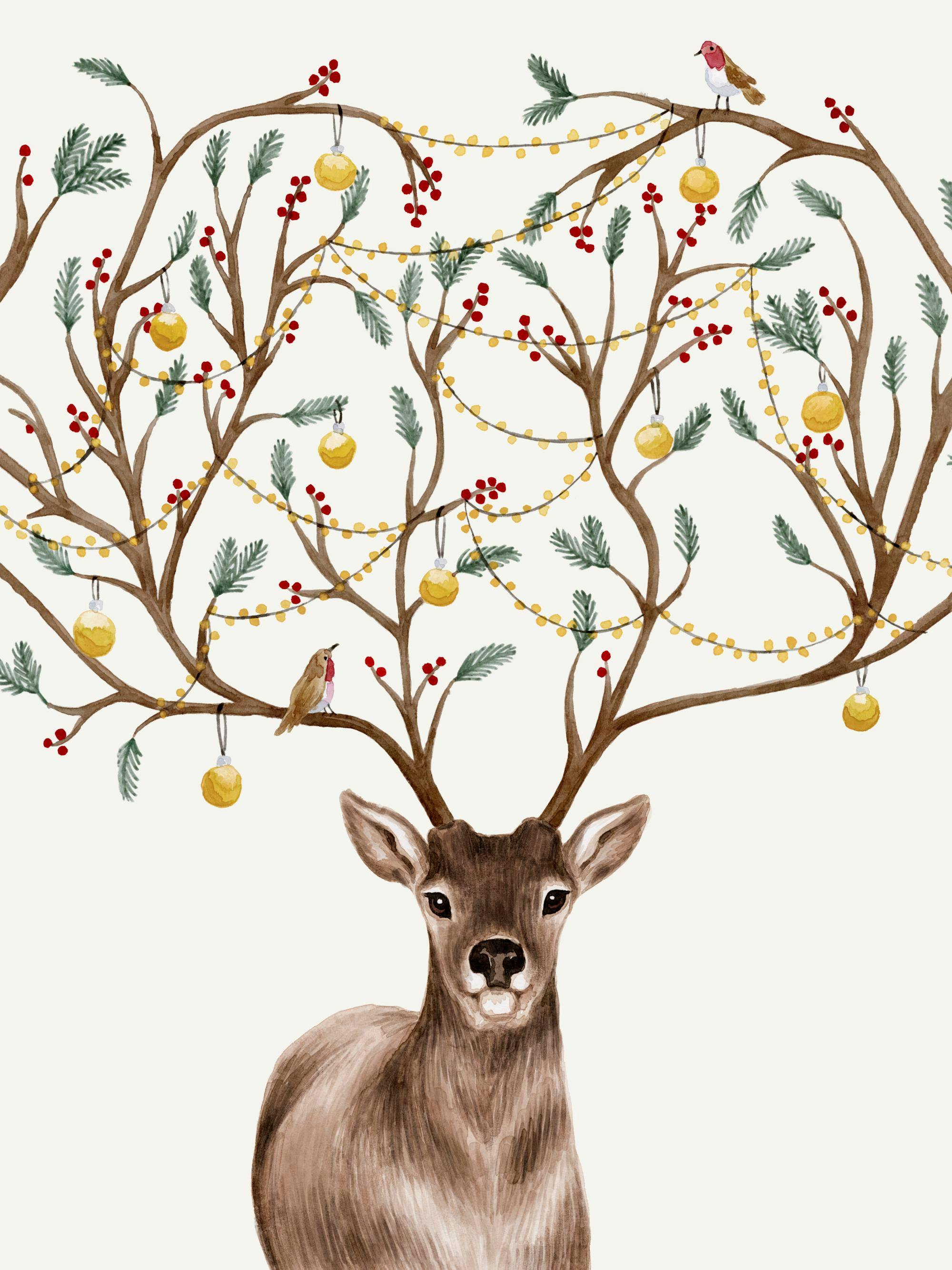 Poster: Ein Weihnachtsposter mit einem Hirschkopf, dessen Geweih mit roten Beeren, gelben Kugeln und Lichterketten geschmückt is