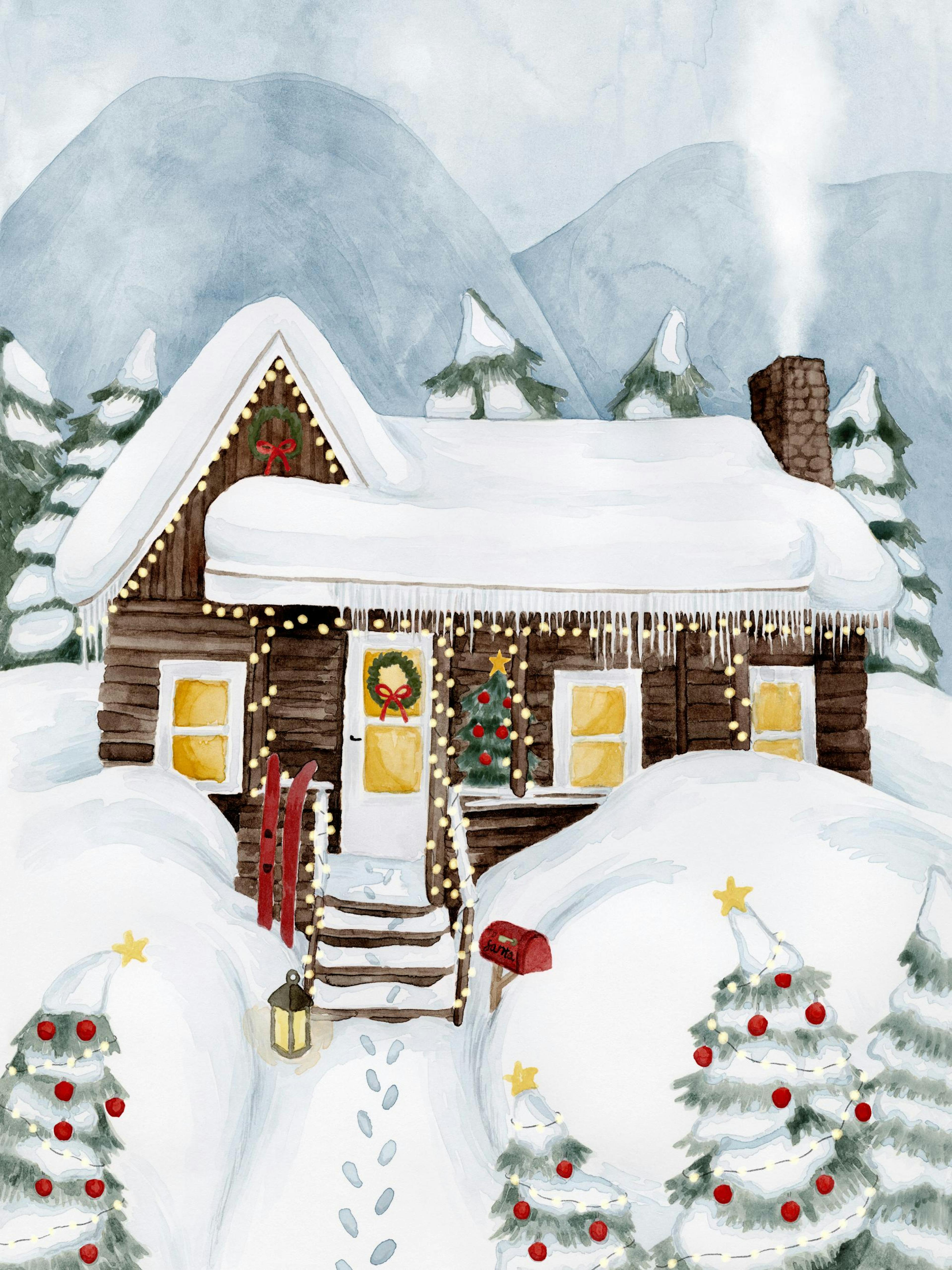 A watercolor poster of a cozy winter cabin covered in snow, with lit windows, Christmas lights, and decorated pine trees.