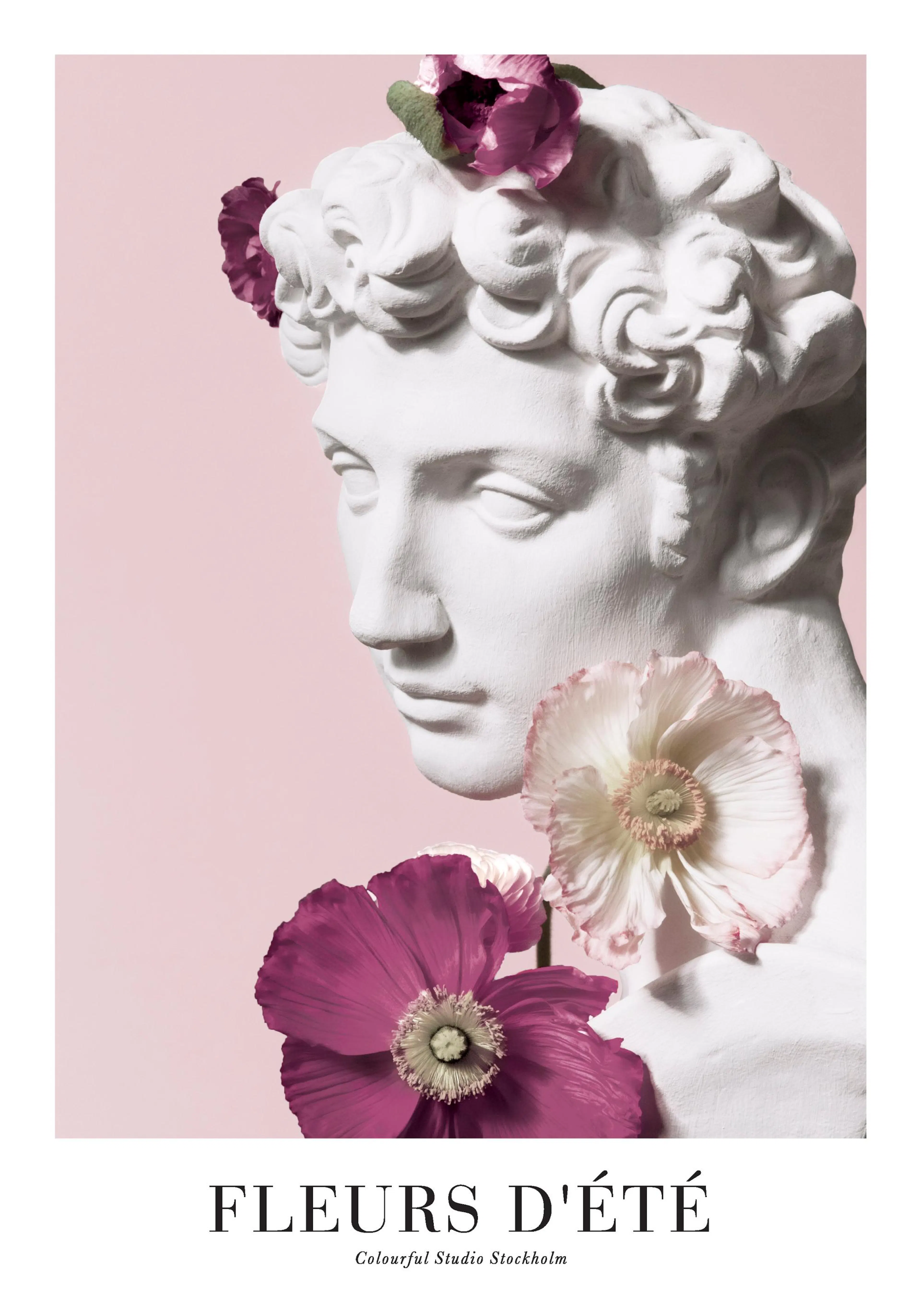 A poster featuring a white classical bust adorned with purple and light pink poppies on a soft pink background.