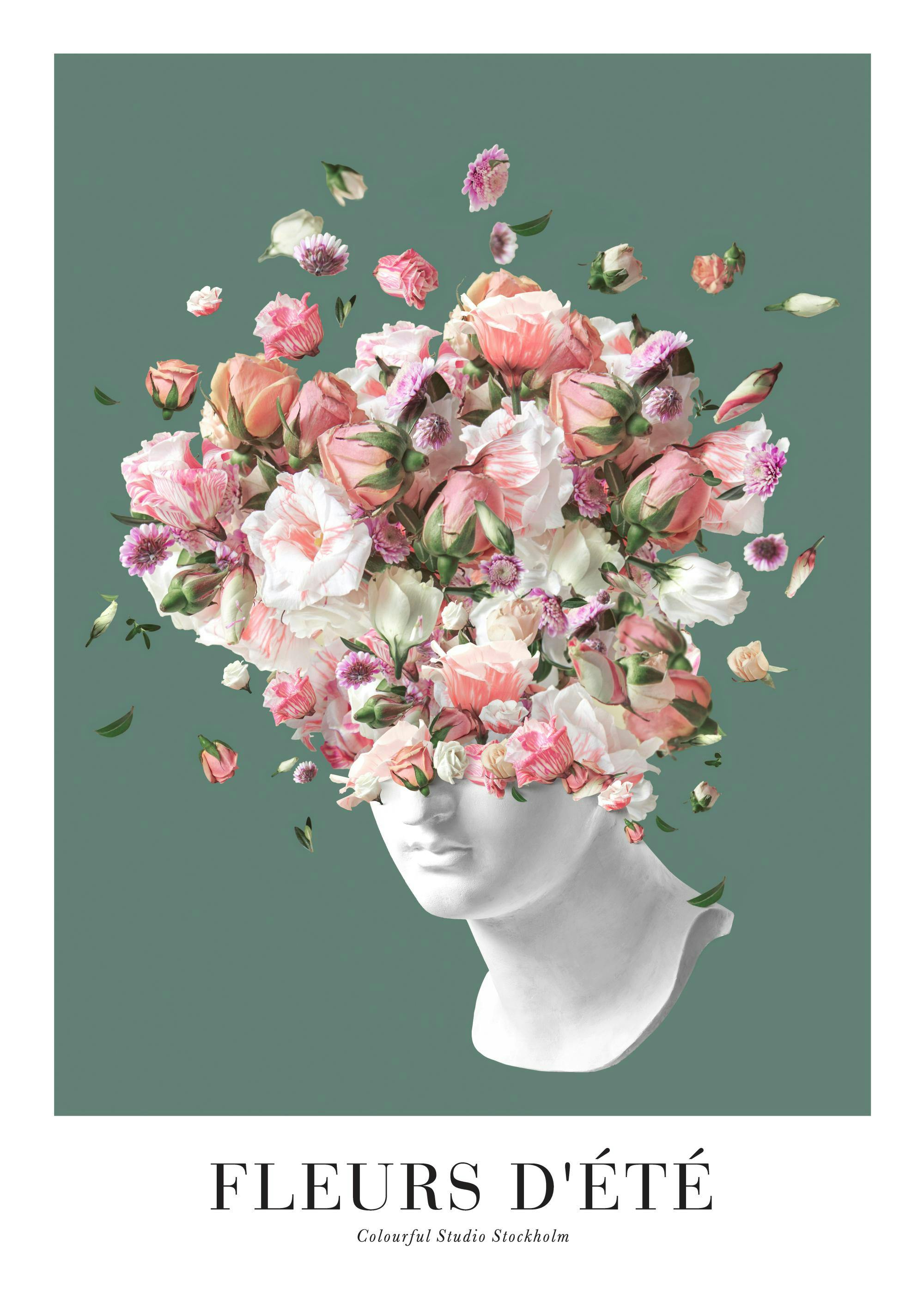 Plakat med hvid buste af et ansigt, med et hoved af lyserøde, hvide og ferskenfarvede blomster, på en grøn baggrund.