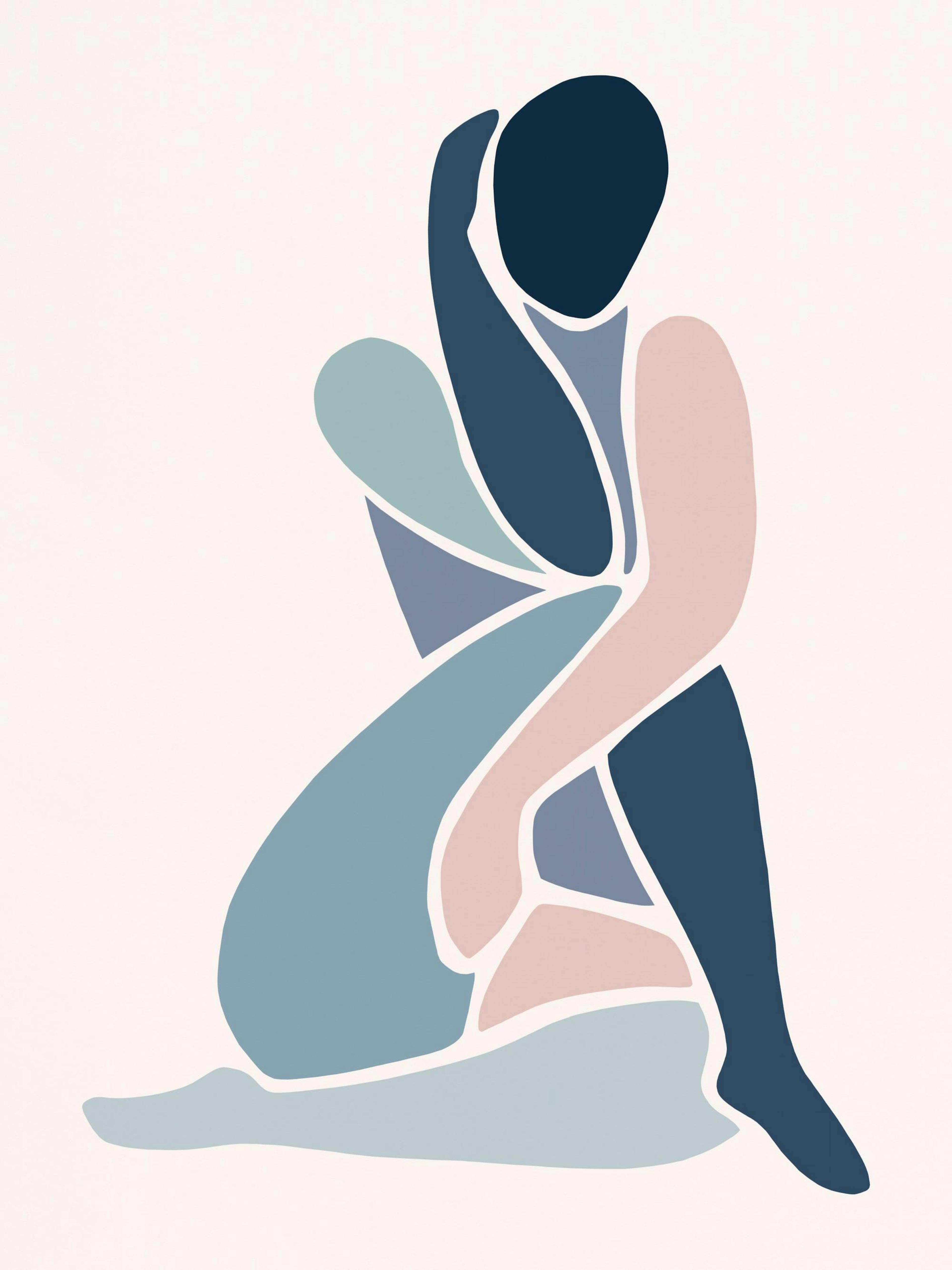 A poster featuring a woman in blue and pink hues, depicted in a seated, contemplative pose using abstract shapes.