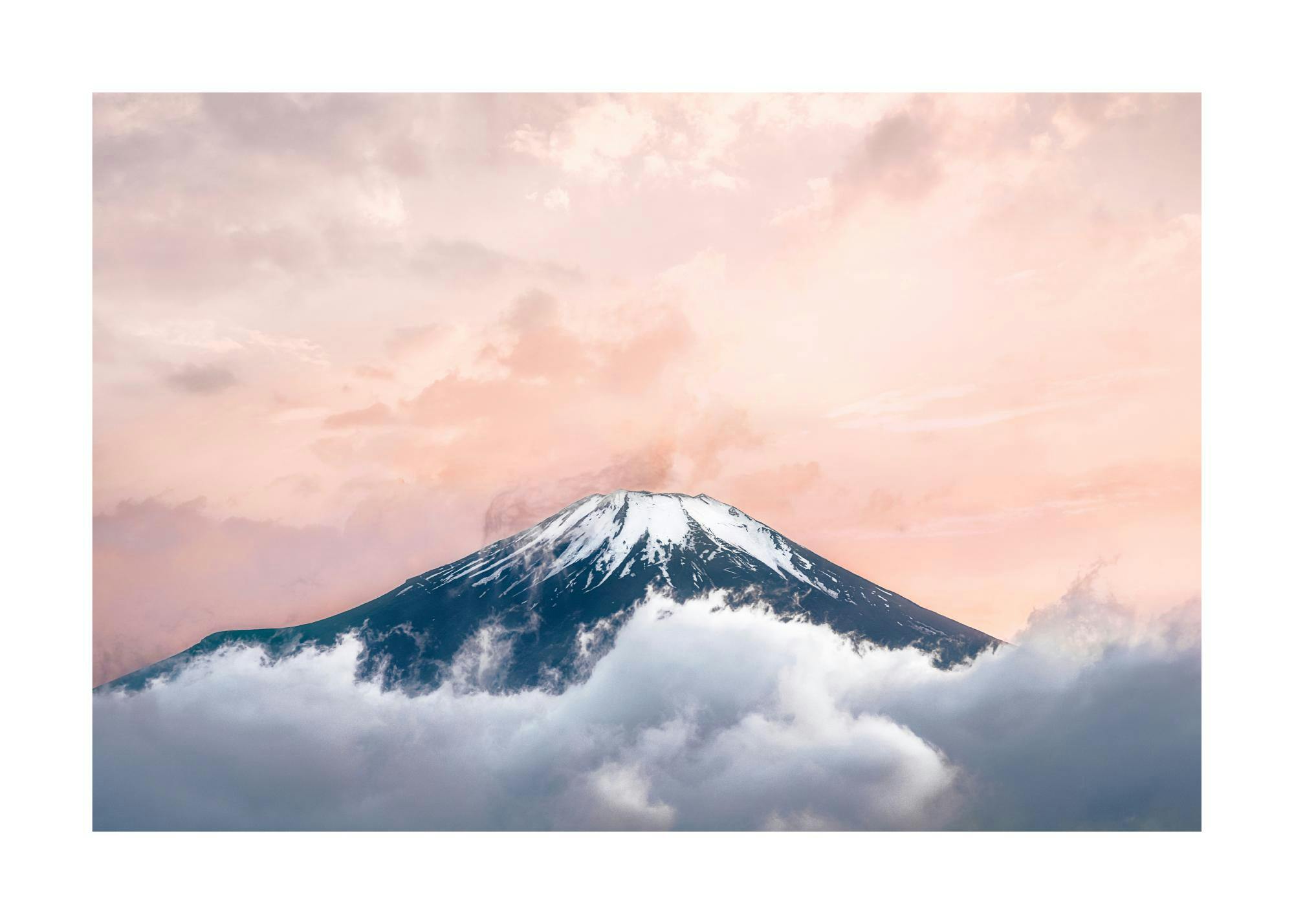 A poster featuring a snow-capped mountain peak, Mount Fuji, surrounded by soft white clouds and a pink sky.