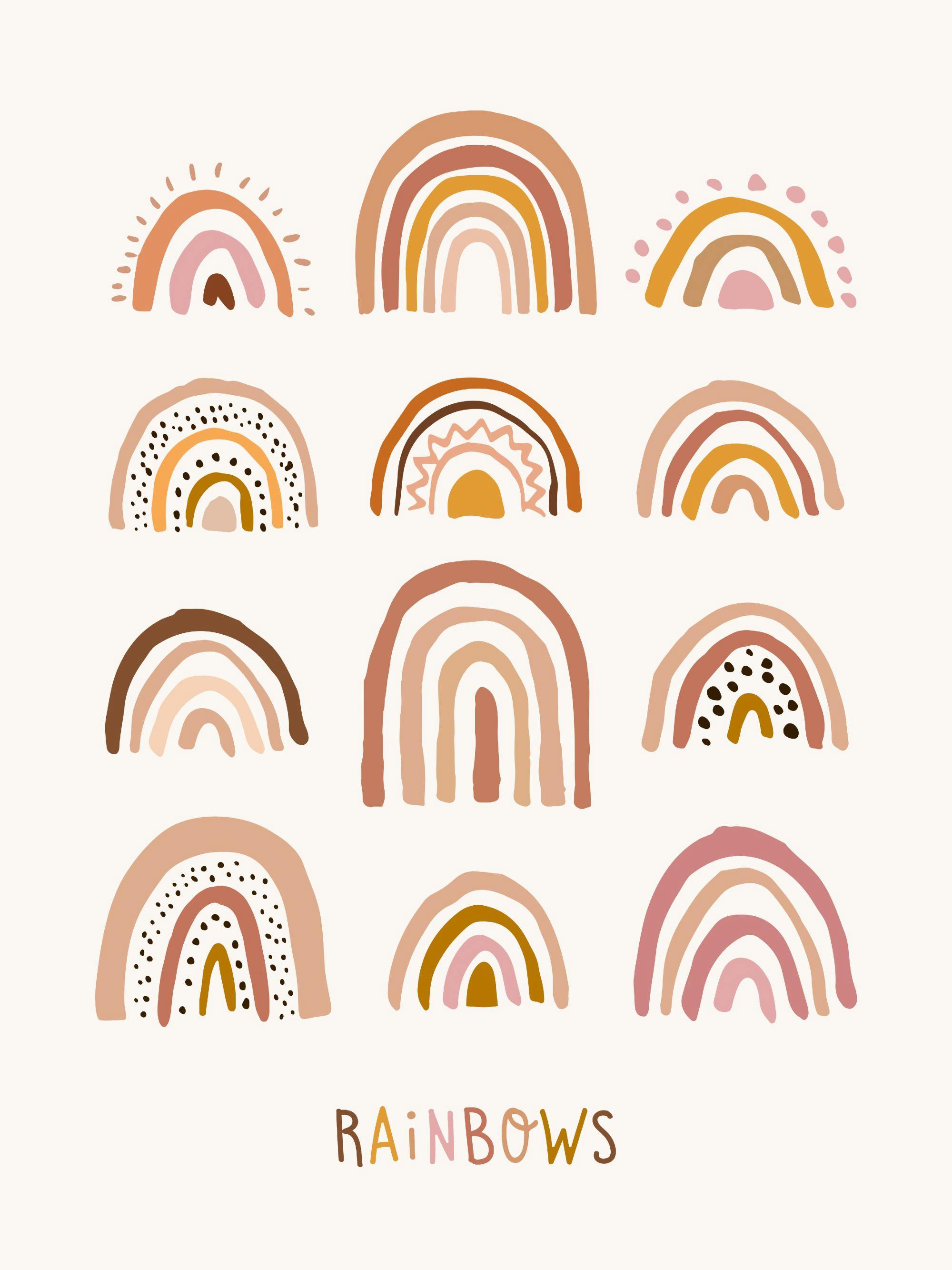 Poster avec douze arcs-en-ciel minimalistes dans des tons terreux, sur un fond blanc cassé.