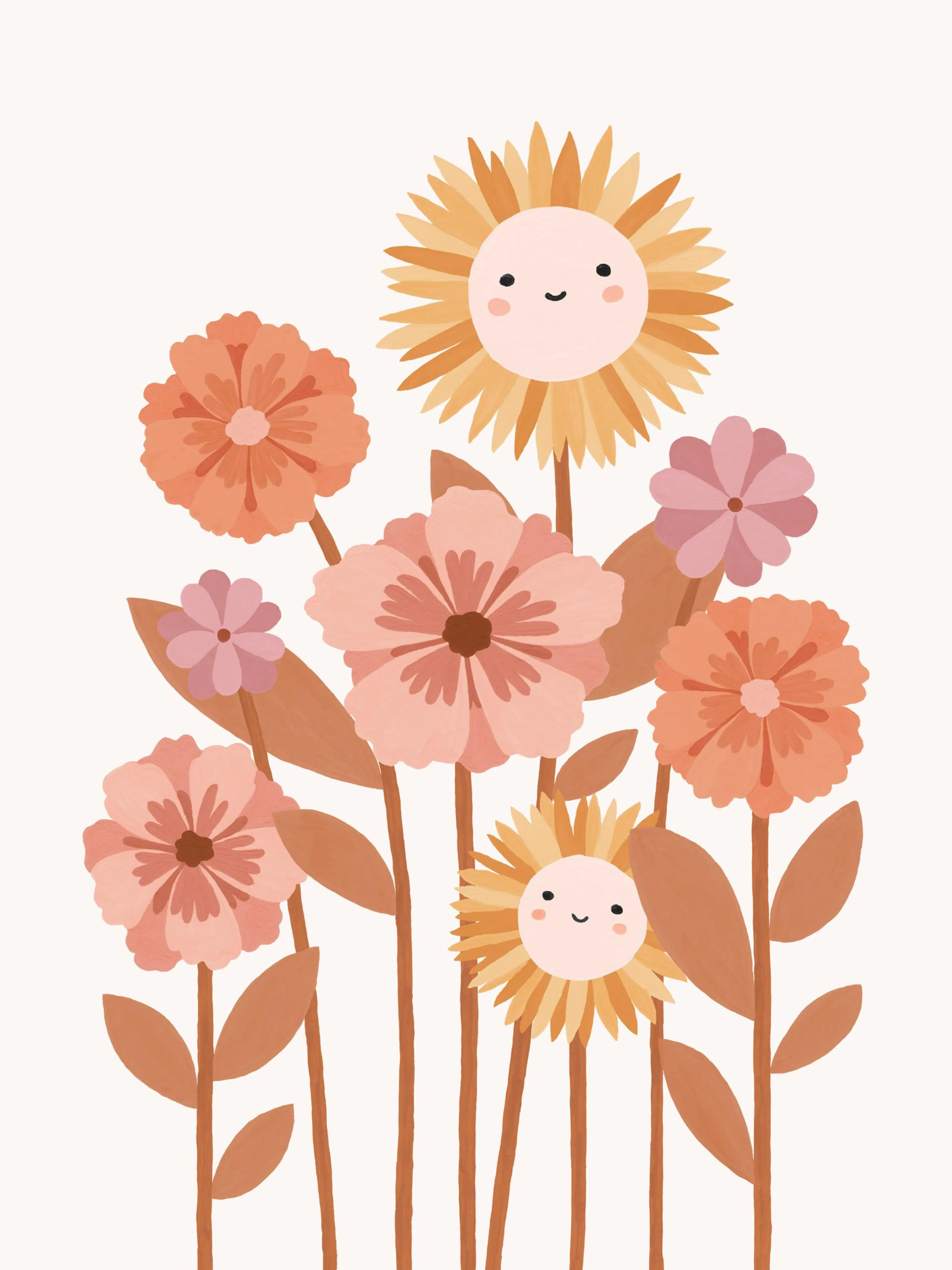 Poster de fleurs joyeuses et souriantes aux tons pastel de pêche, orange et rose avec des feuilles terreuses.