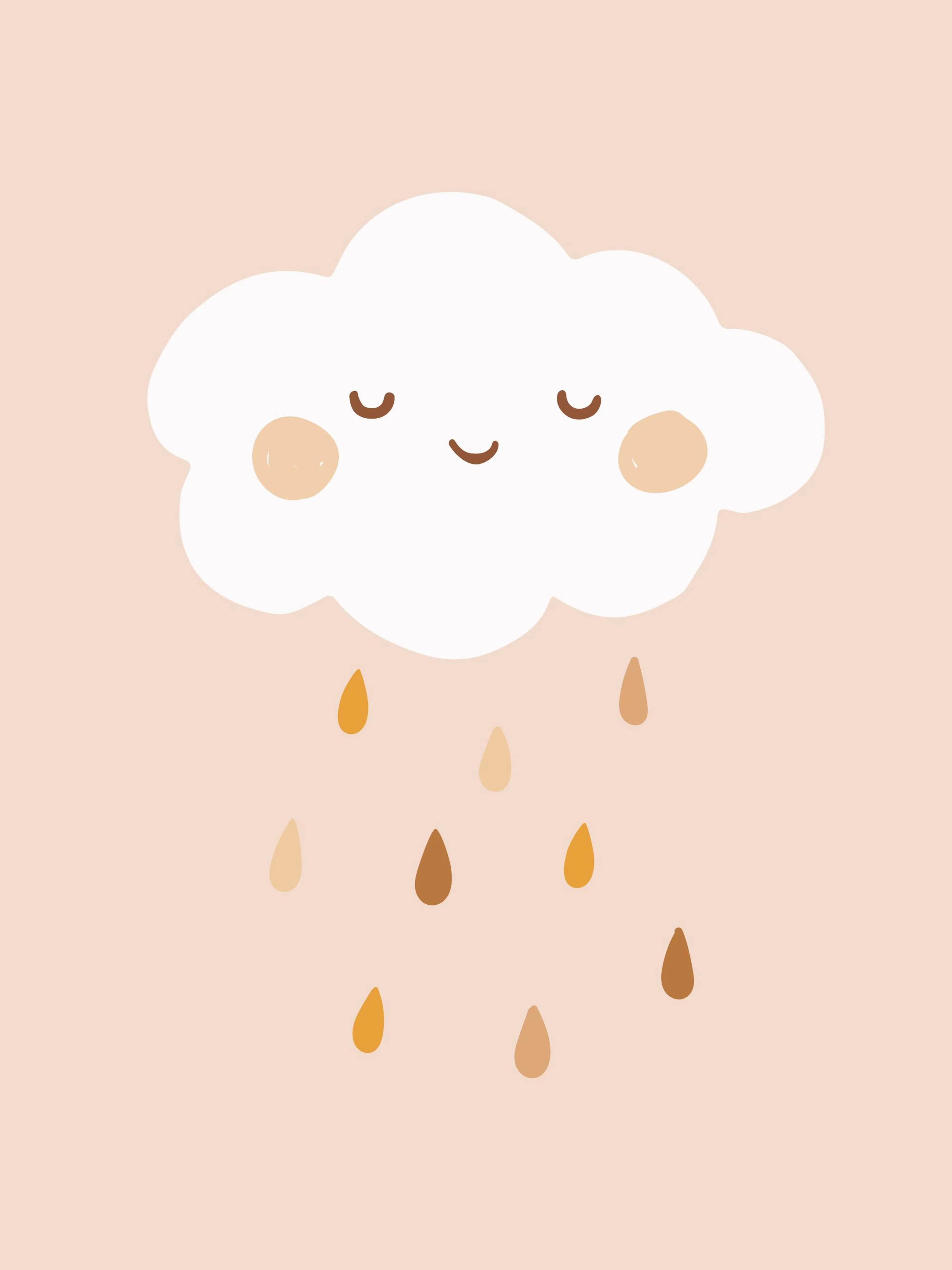 A poster featuring a smiling white cloud with closed eyes and blush cheeks, raining colorful drops on a light pink background.