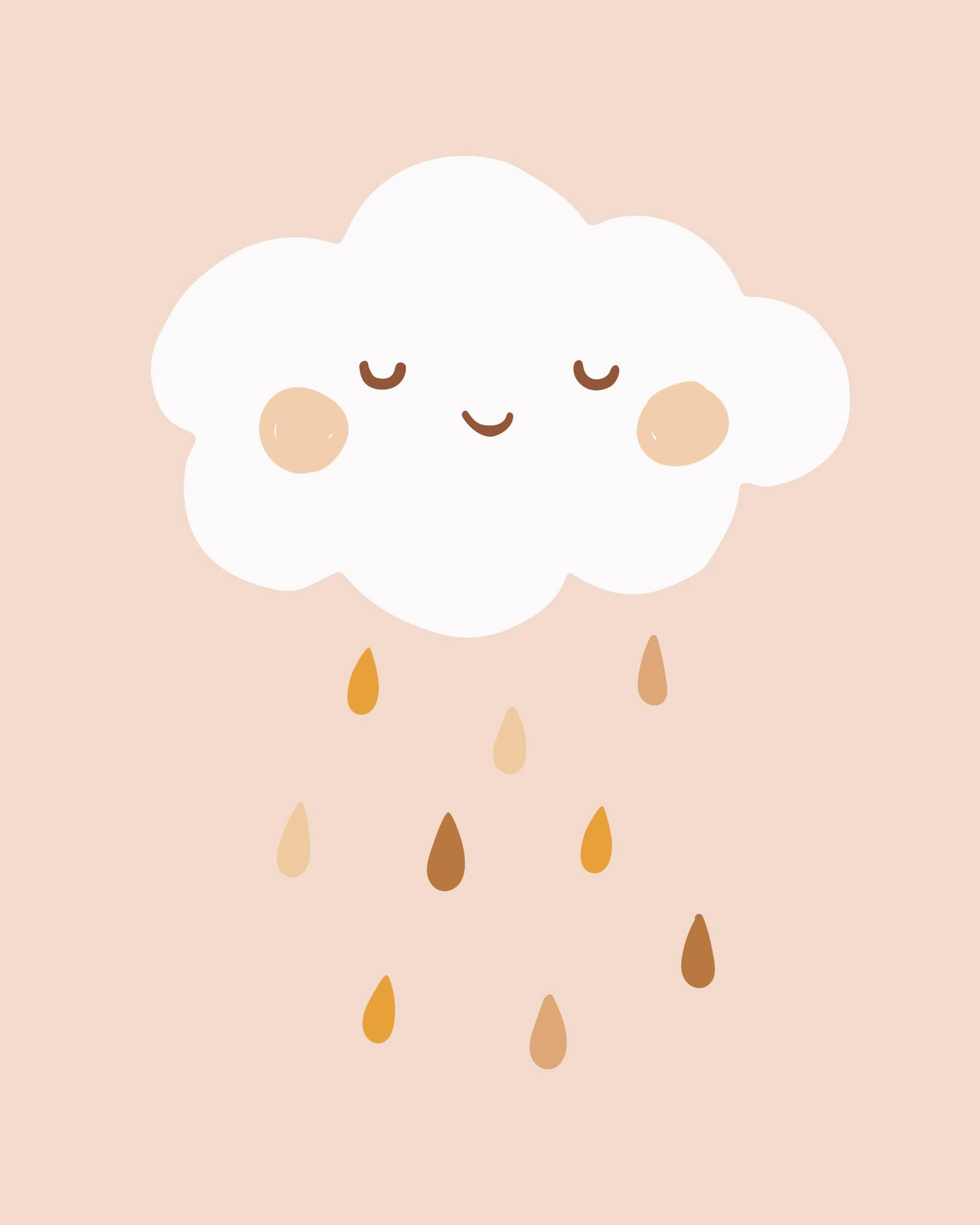 Poster dun nuage blanc souriant avec des gouttes de pluie beiges et marron sur fond rose.