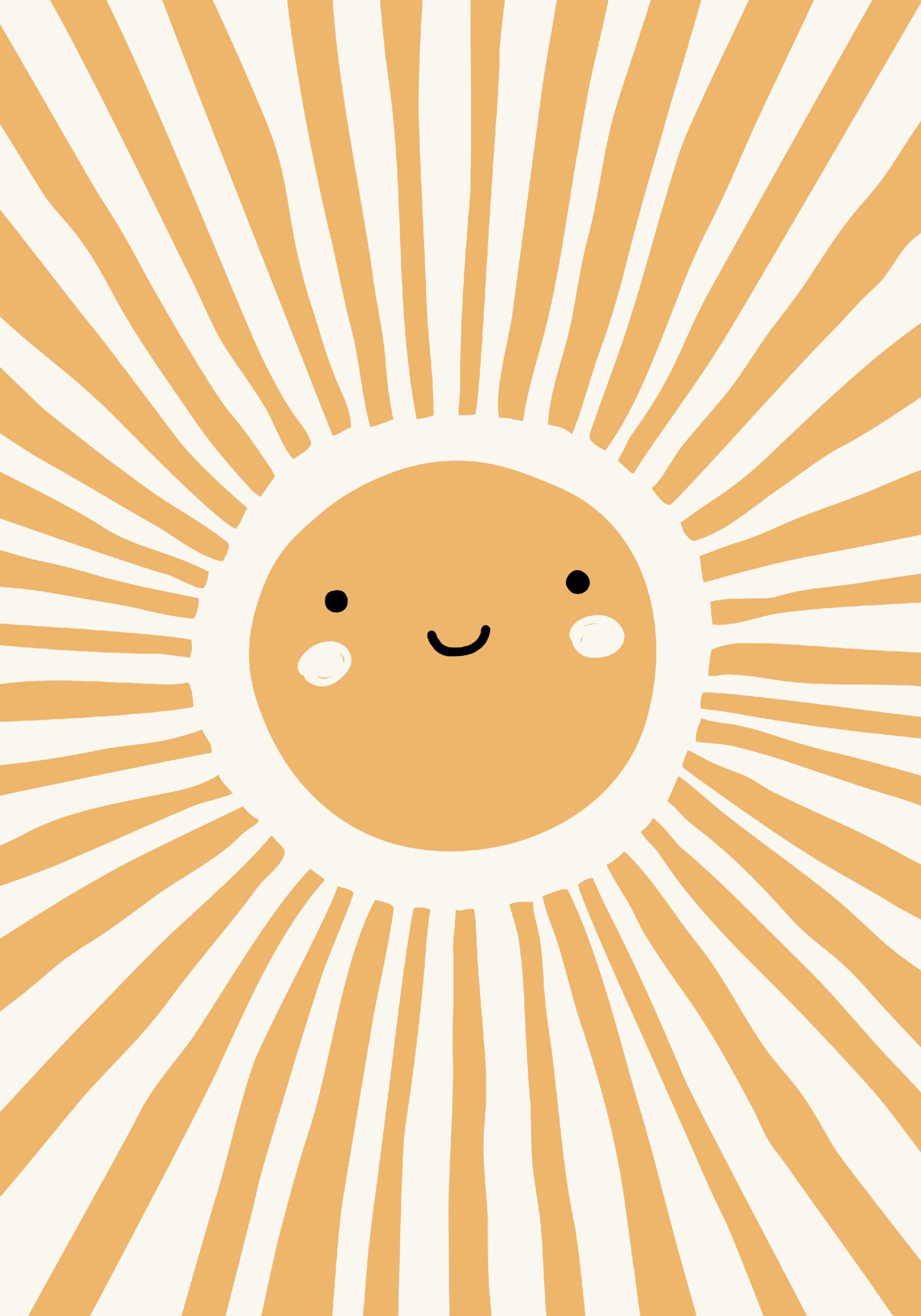 A poster featuring a smiling cartoon sun with orange rays on a white background.