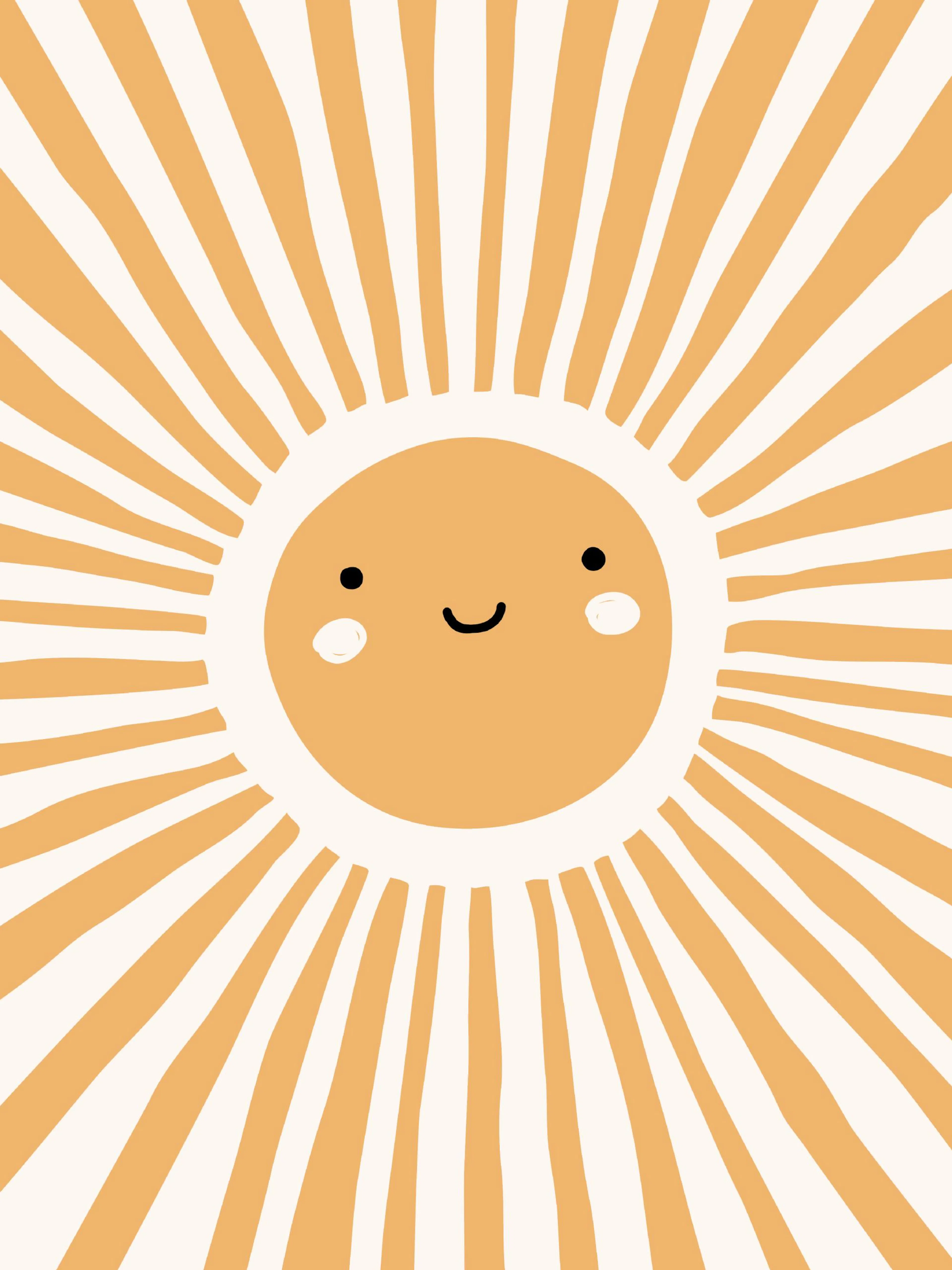 Plakát s dětským motivem usměvavého slunce s paprsky v béžové a oranžové barvě.