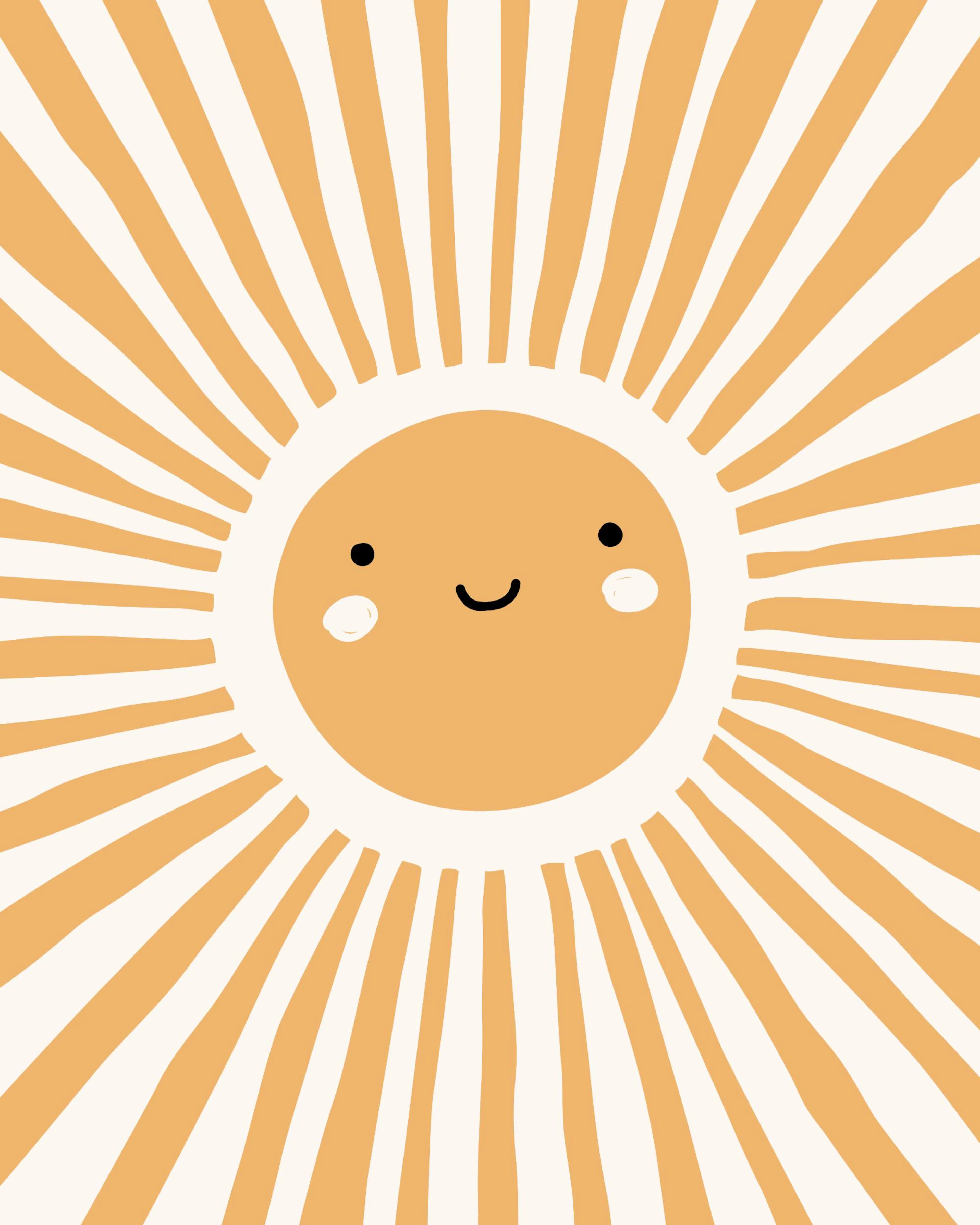A poster featuring a smiling cartoon sun with orange rays on a white background.