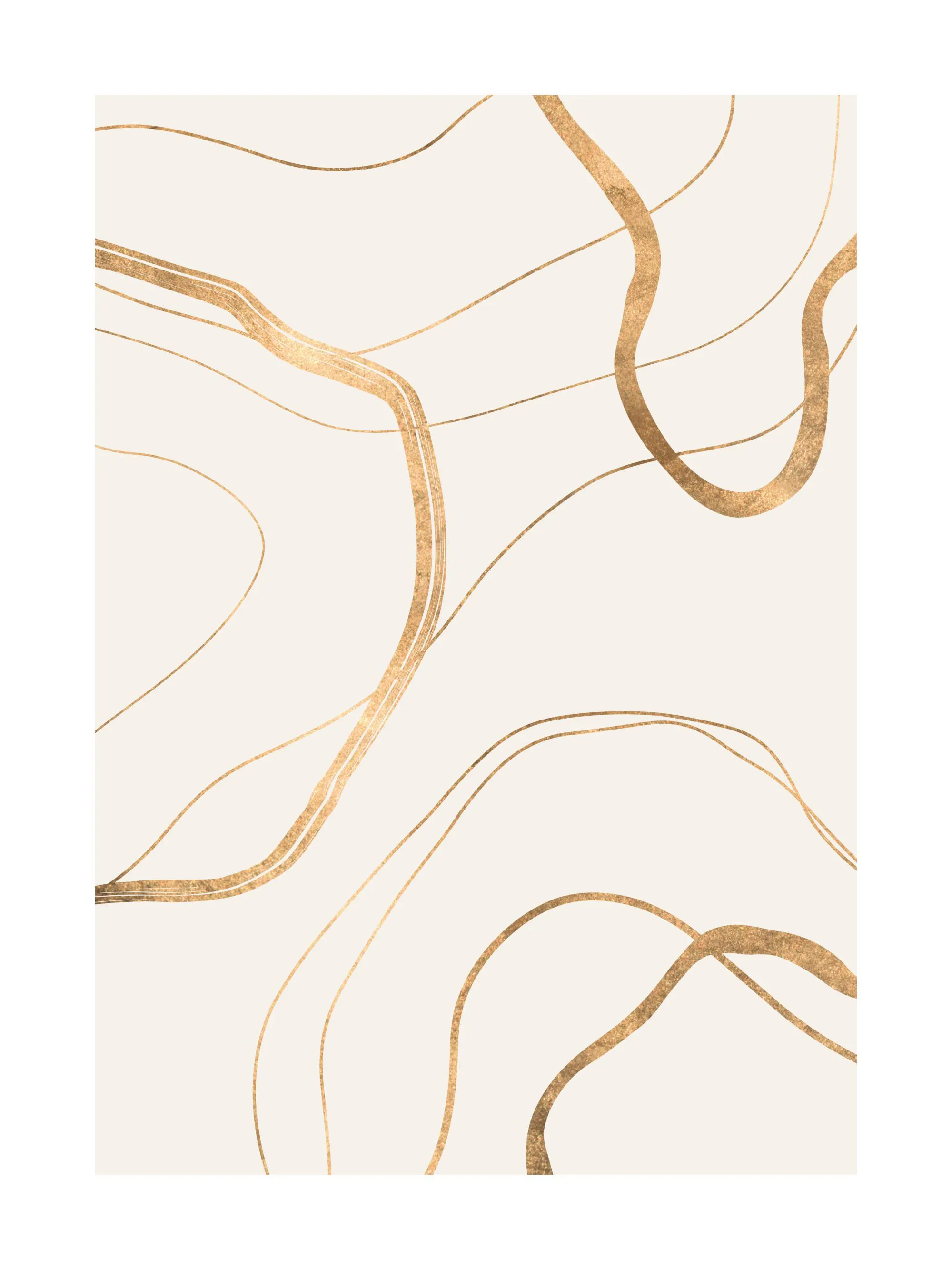 Poster avec des lignes abstraites dorées, certaines fines et dautres épaisses, sur un fond beige clair.