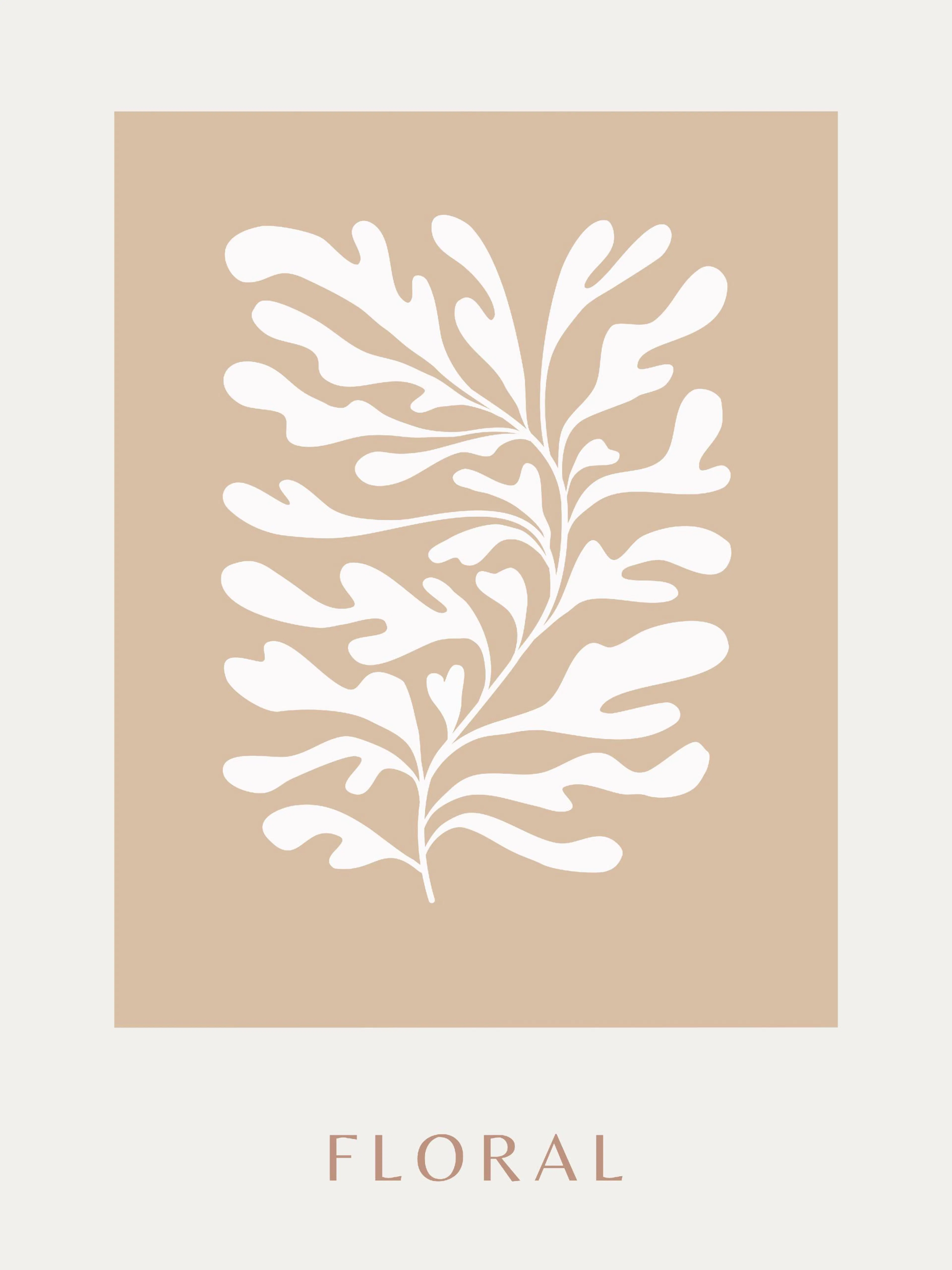A minimalist poster featuring a white botanical leaf design on a warm beige background, with FLORAL text below.
