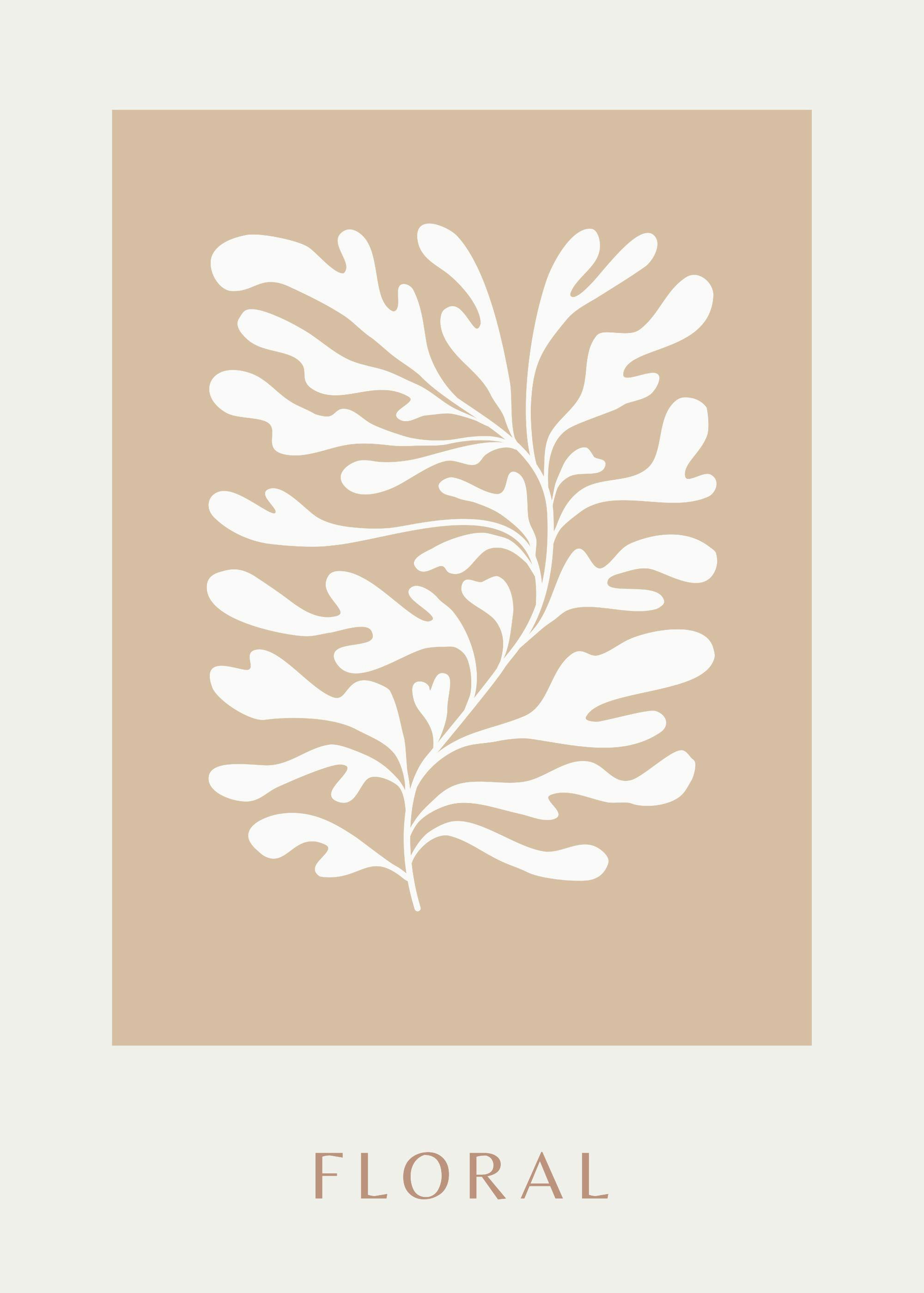 A poster featuring a white botanical drawing of a branch with organic leaves on a light brown background.