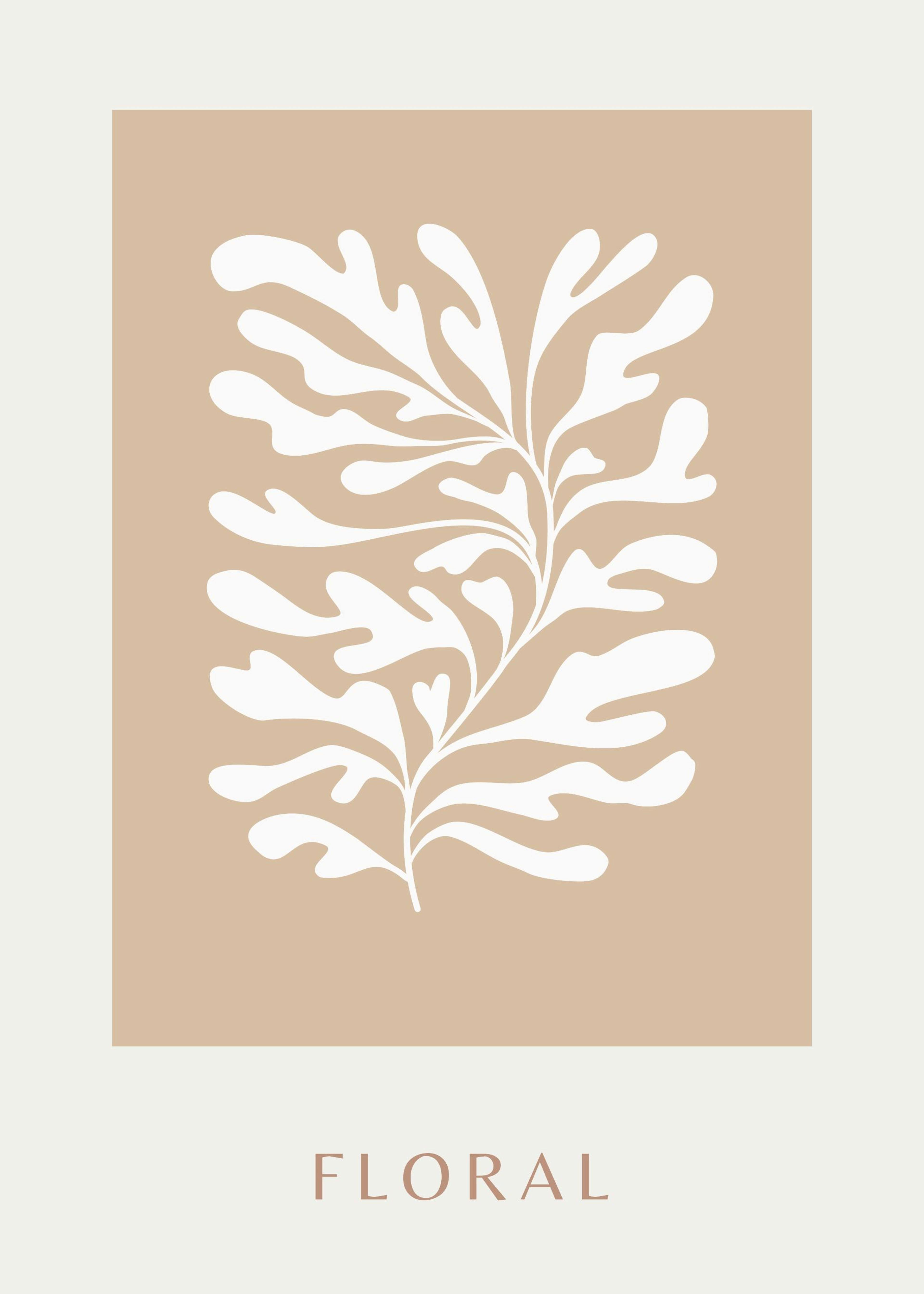 Póster Floral con hojas blancas sobre fondo beige, exhibido en una repisa de vidrio con florero y vela.