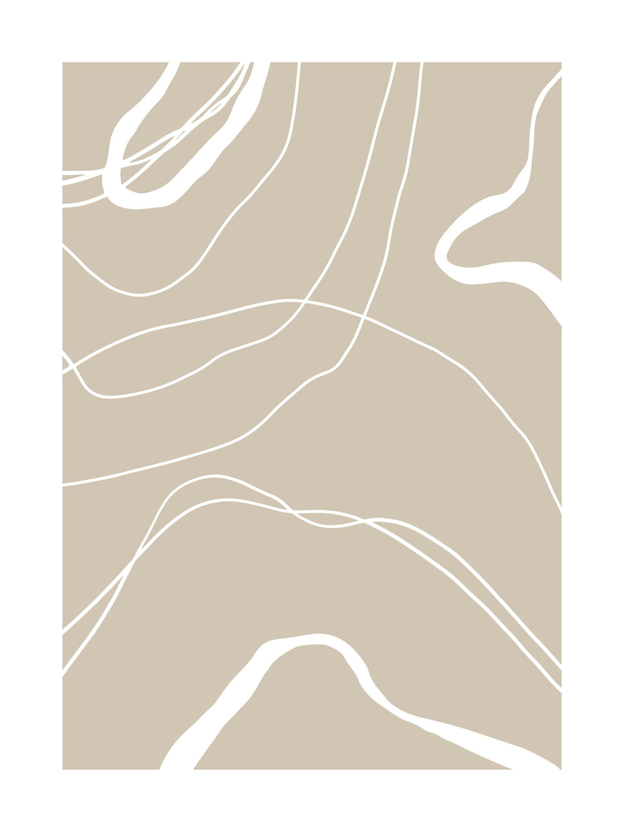 Poster astratto beige con linee curve sottili e spesse bianche e forme organiche.